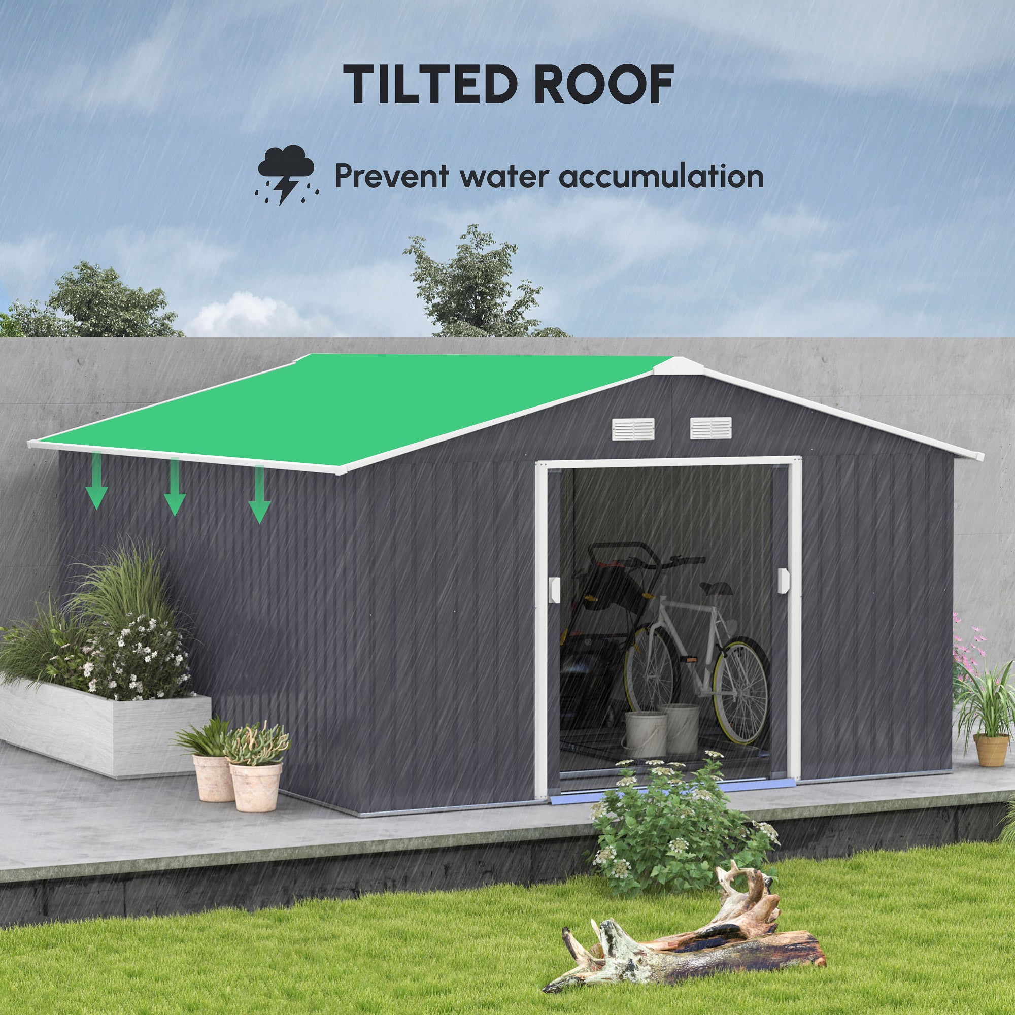 11' x 13' Garden Metal Shed, Storage Shed Utility Storage with Double Locking Doors for Bike, Yard Tools, Dark Gray