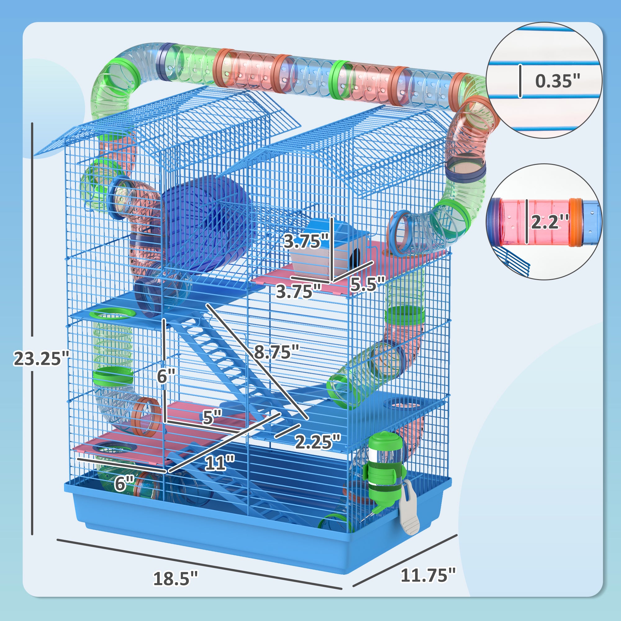 18.5" 5 Tier Hamster Cage with Tubes and Tunnels, Small Animal Cage, Rat Gerbil Cage with Water Bottle, Food Dish, Exercise Wheel, Blue