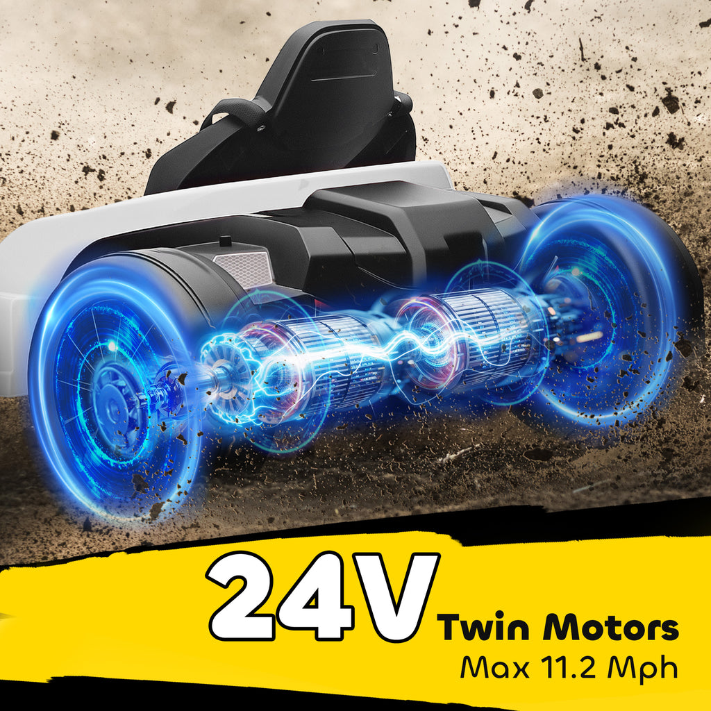 24V Electric Go Kart with Dual 150W Motors, Adjustable Seat & 11.2MPH High Speed, Slow Start, 5-Point Harness, White