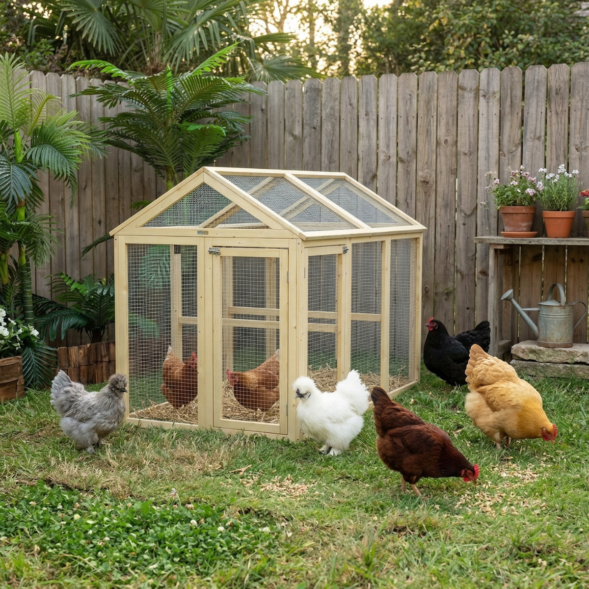 Wooden Chicken Run, Combinable Design with Perches, 4.6' x 2.8', Nature Wood