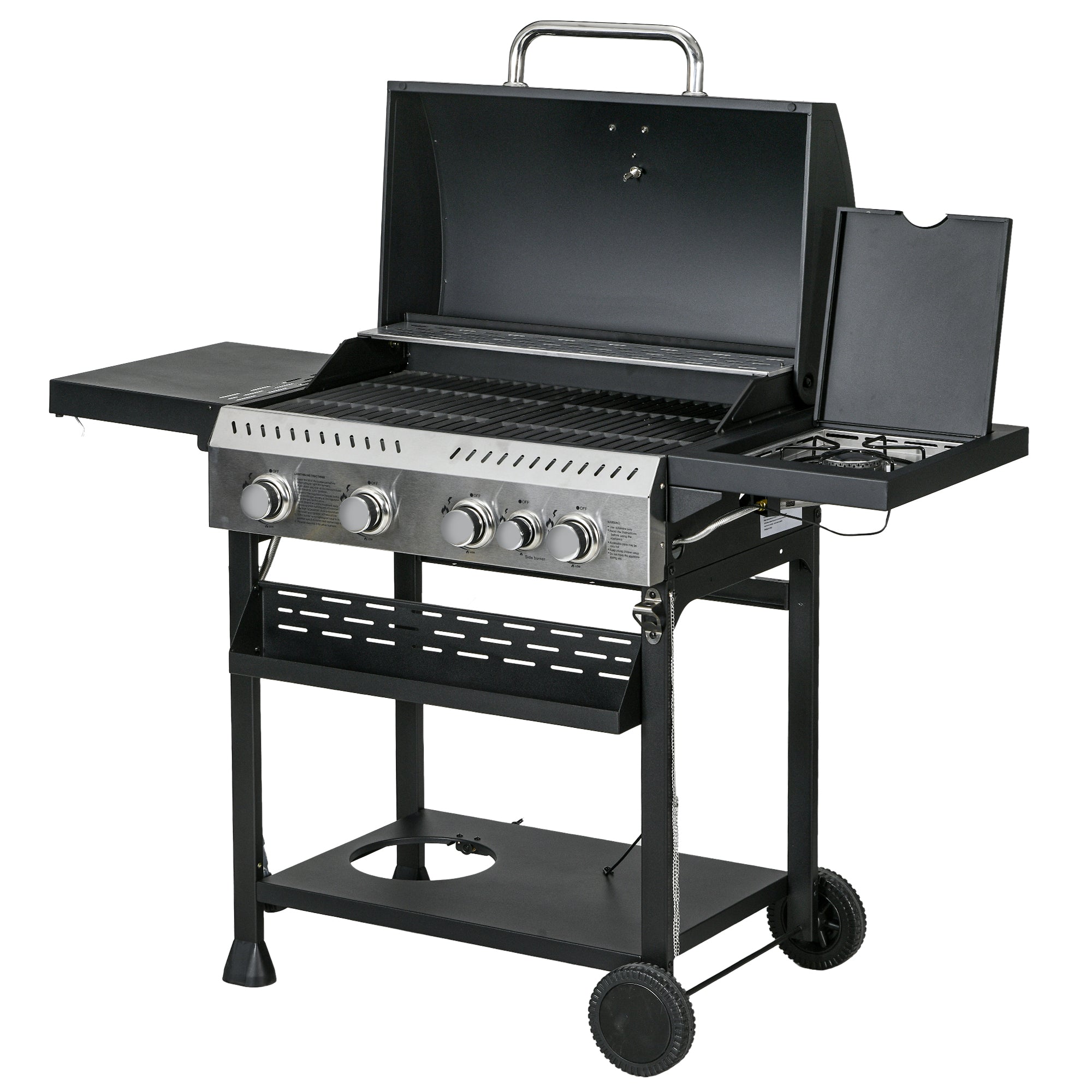 4 Burner Propane Gas Grill with Side Burner, 40,000 BTU Outdoor Barbeque with Shelves, Thermometer, Bottle Opener, Black
