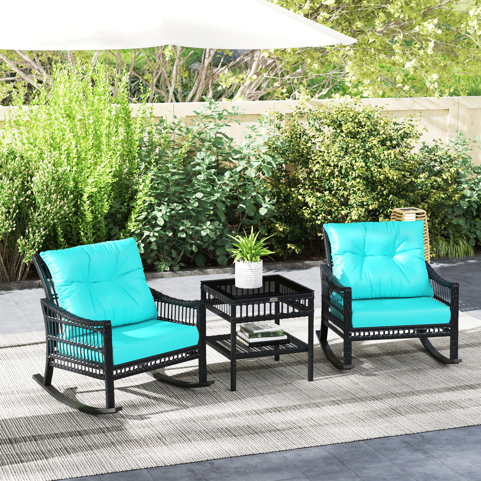 3 Piece Outdoor PE Rattan Rocker Chair Set, Rocking Chair with Tempered Glass Table Top, Turquoise Green