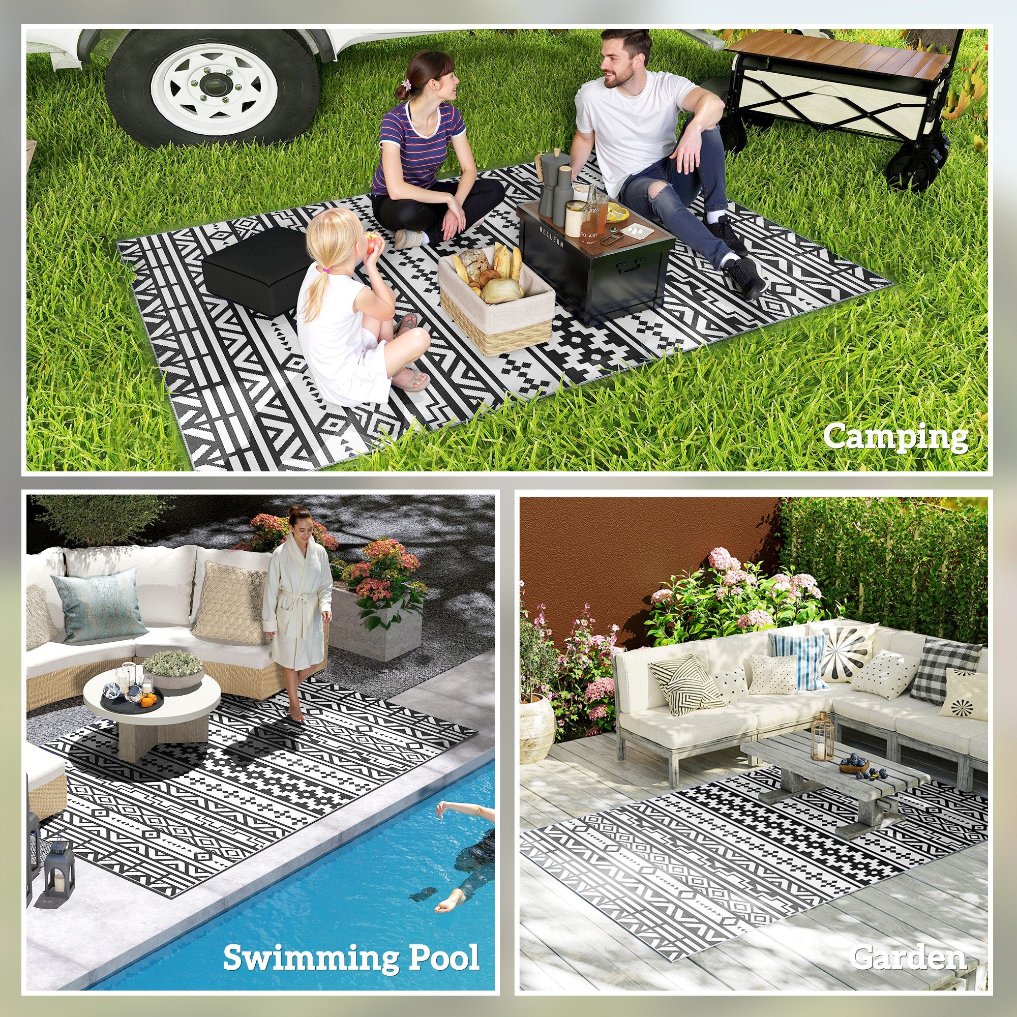 Reversible Outdoor Rug, Waterproof Plastic Straw with Carry Bag, 6' x 9', Black & White Geometric Wall
