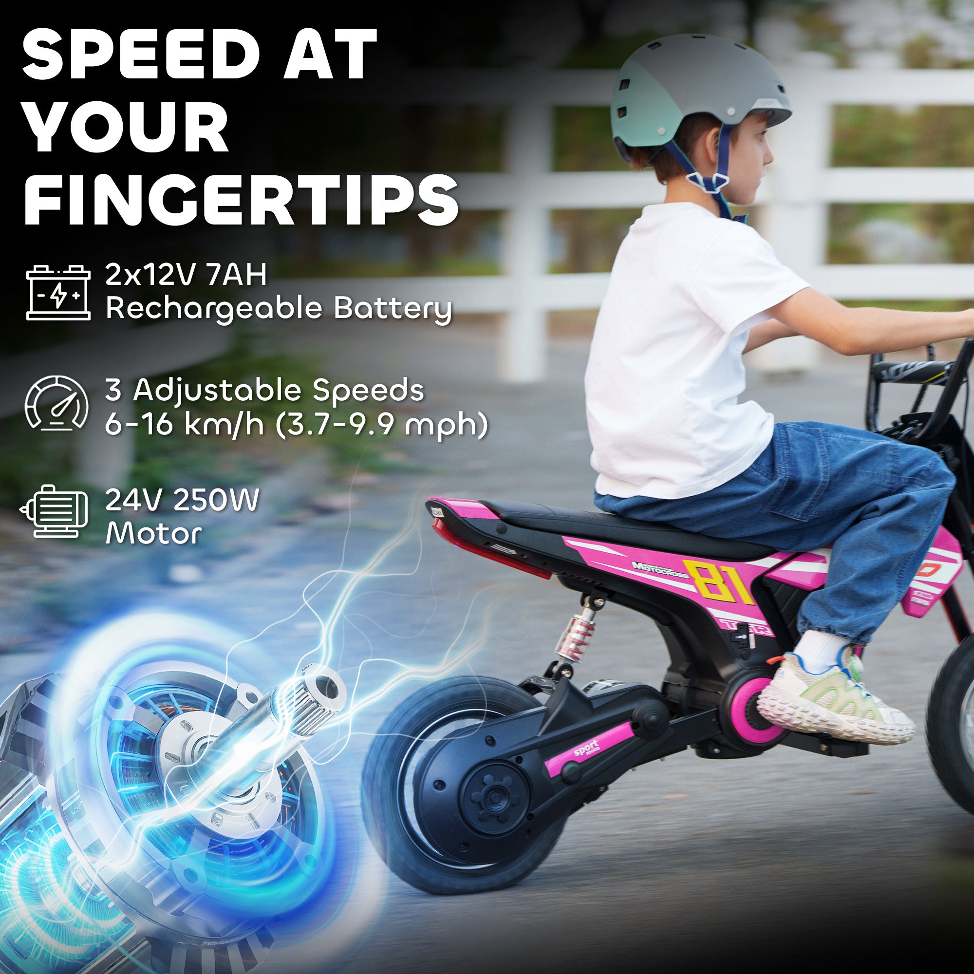 24V Kids Motorcycle, Electric Dirt Bike with 250W Motor, Up to 9.9 MPH, 12" Inflatable Tires and Rear Suspension, Pink