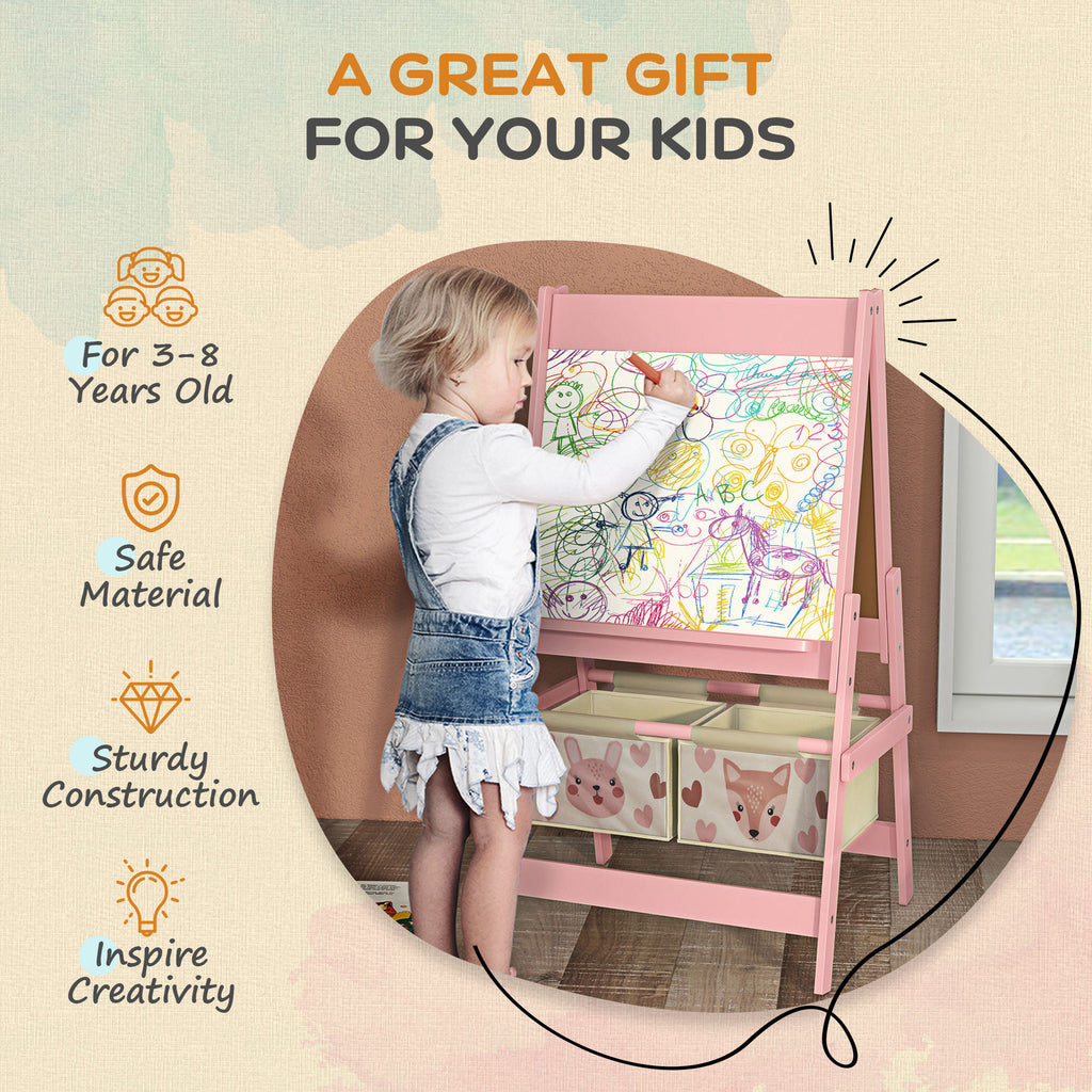 Toy Box with Lid and Kids Easel with Paper Roll, Blackboard, Whiteboard, Cute Fox Design, for Ages 3-8 Years, Pink