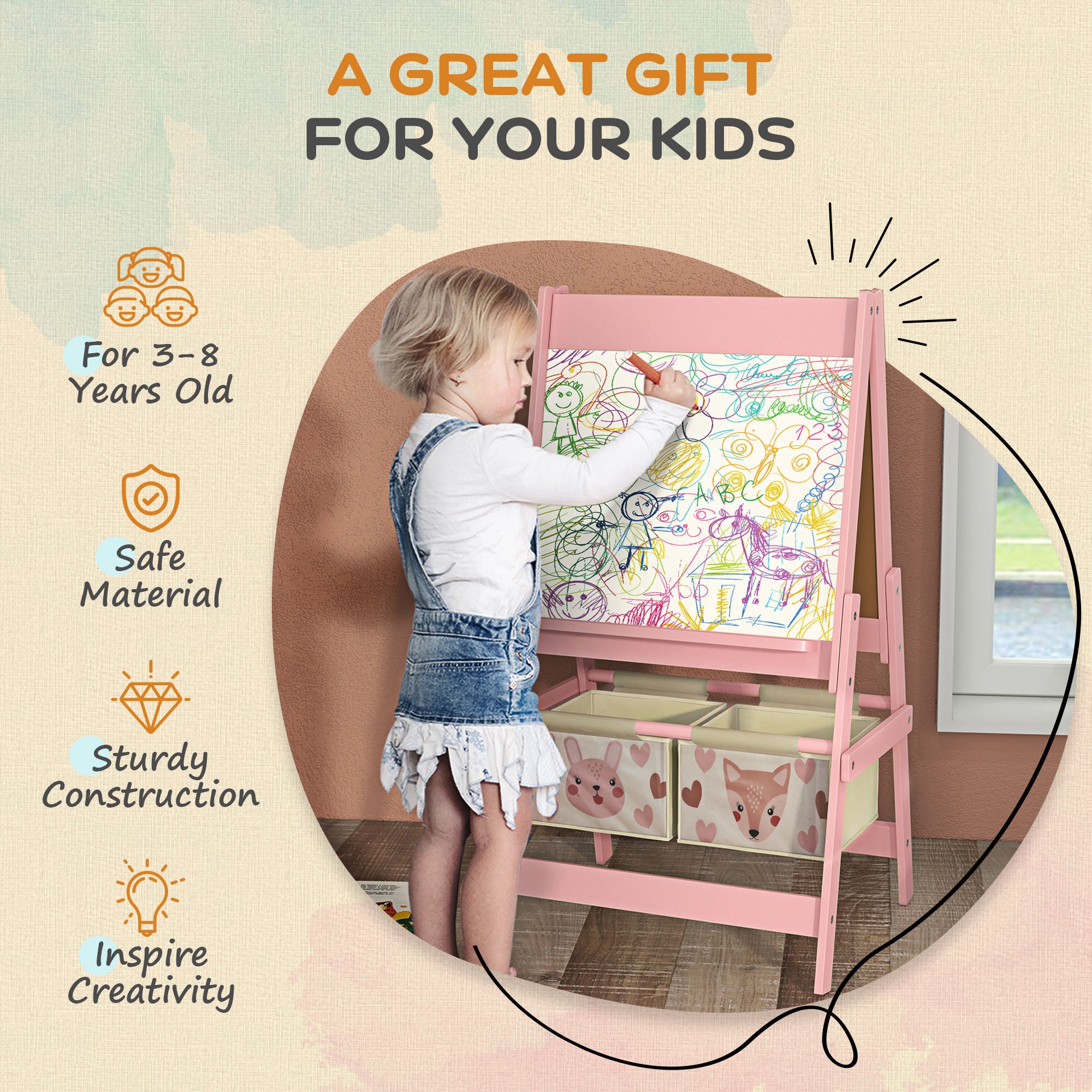 Toy Box with Lid and Kids Easel with Paper Roll, Blackboard, Whiteboard, Cute Fox Design, for Ages 3-8 Years, Pink