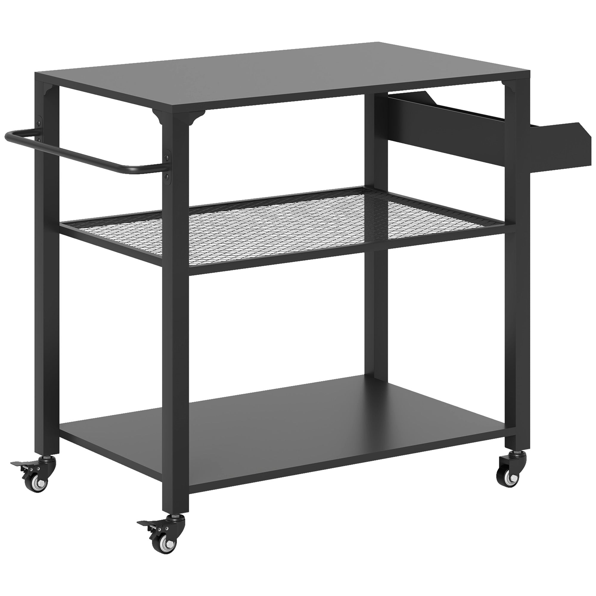 3-Tier Outdoor Grill Cart with Storage Racks, Side Handle, Movable Pizza Oven Table on Wheels