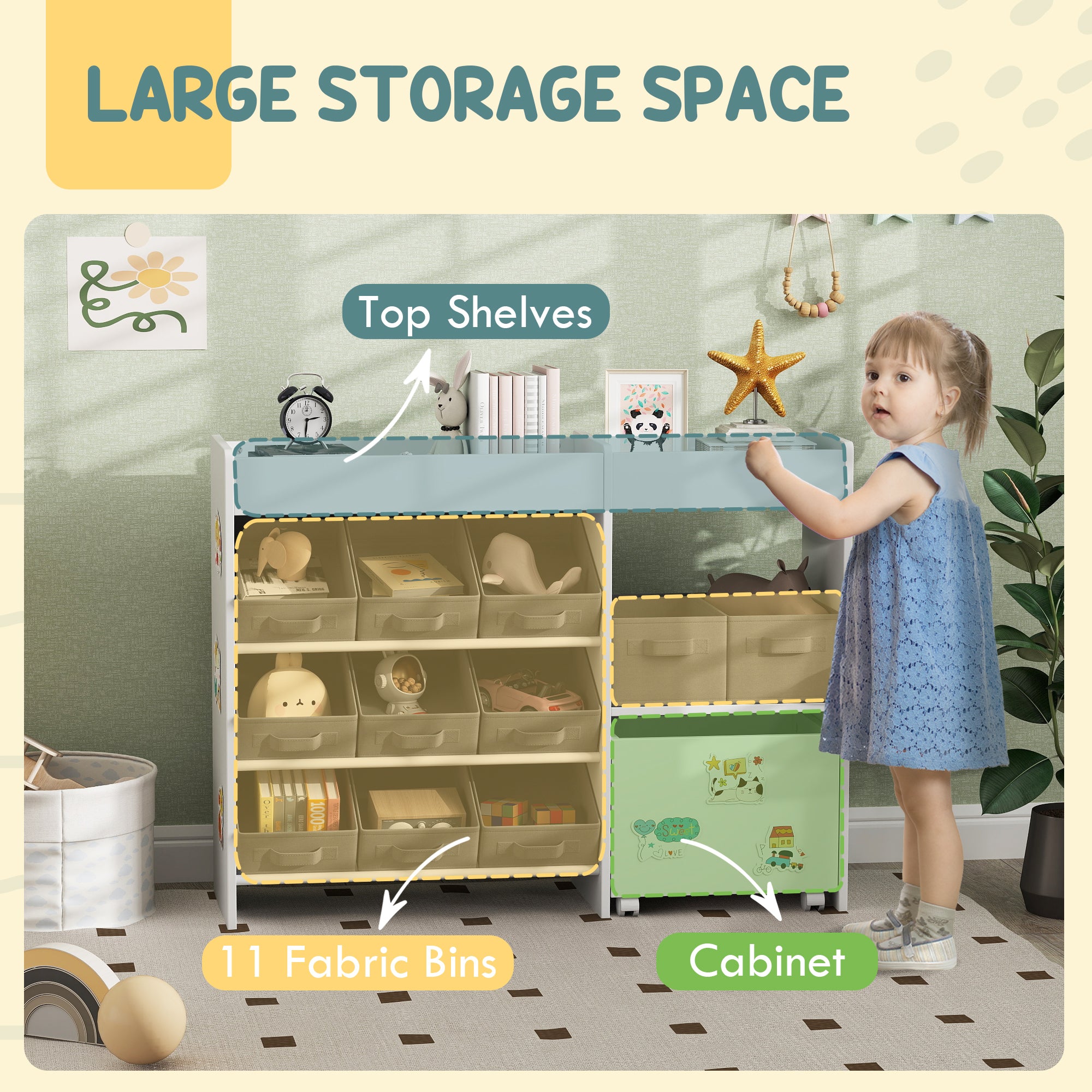 Kids Toy Storage Organizer with 11 Bins, Moveable Cabinet, Top Shelves, 3 Stickers, for Nursery, Playroom, White