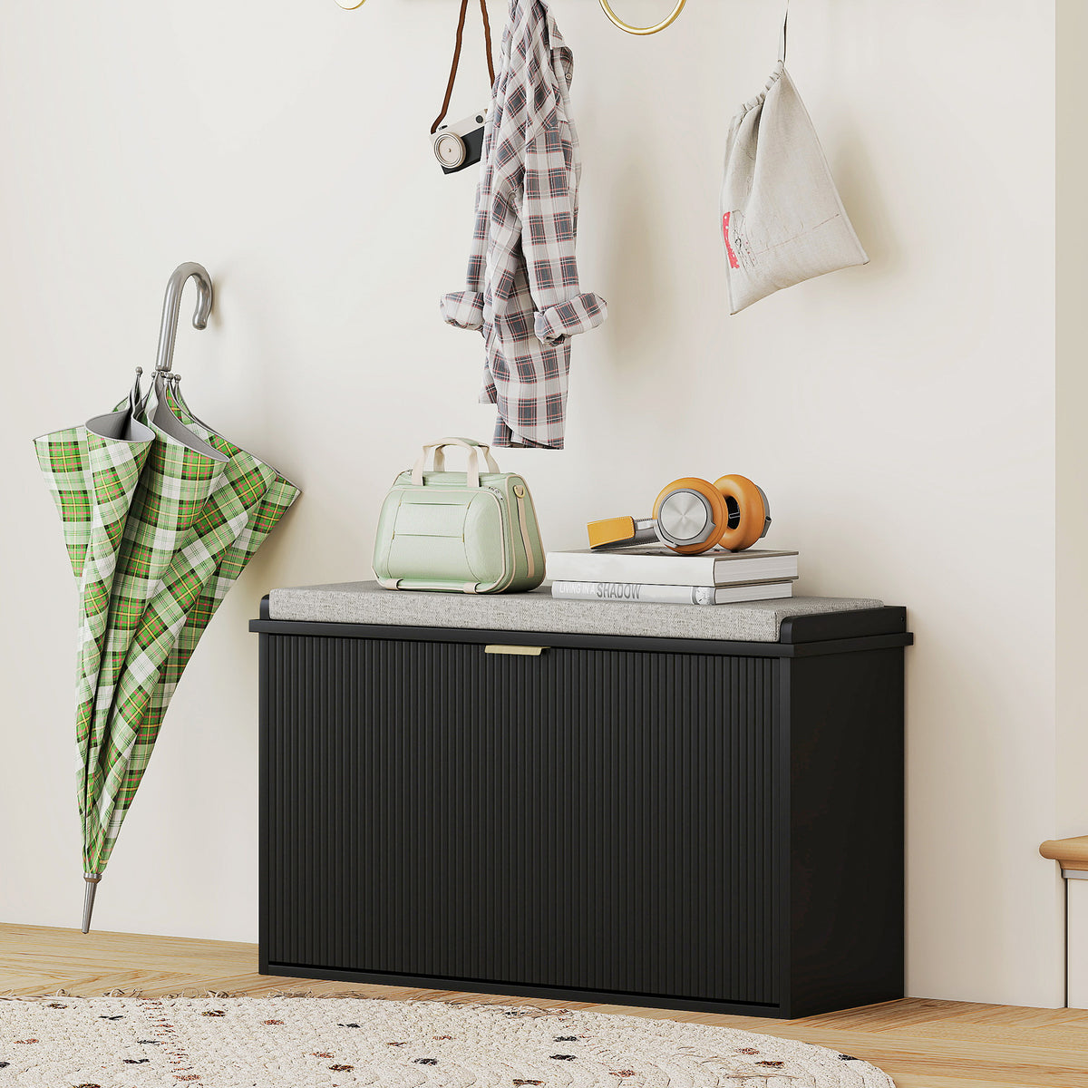 Shoe Storage Bench with Padded Seat Cushion and Flip-Drawer, Entryway Bench, Shoe Cabinet, 31.5x10.2x18.7 Inches, Black