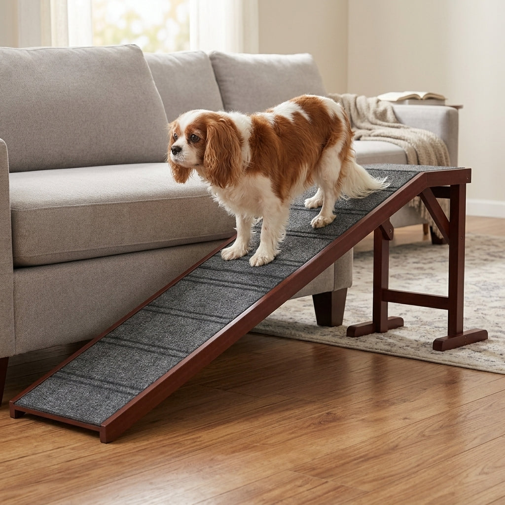 Dog Ramp for Bed, Pet Ramp for Dogs with Non-Slip Carpet and Top Platform, 74" x 16" x 25", Brown