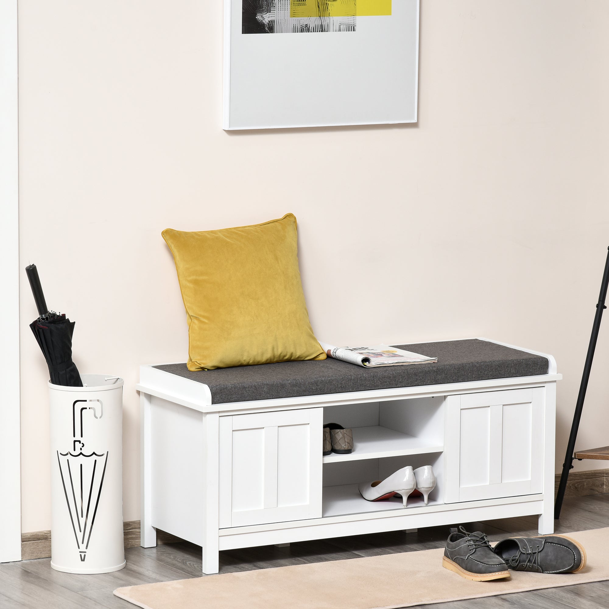 Entryway Shoe Bench Storage Ottoman with Sliding Doors, Adjustable Shelving, 6 Compartments, and Padded Seat, Holds 10 Pairs, White