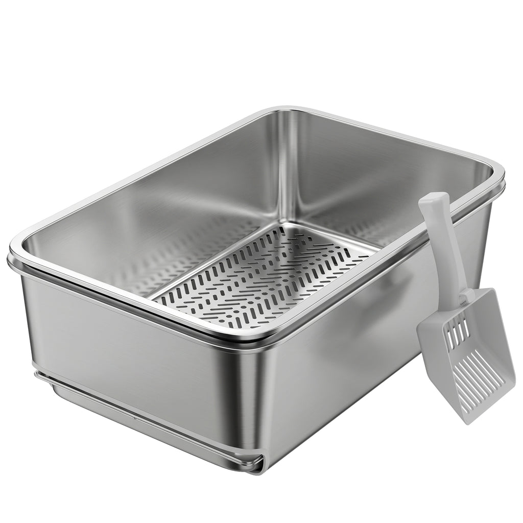 Stainless Steel Litter Box, XL Sifting Cat Litter Box for Medium, Large Cat, Non-Sticky, Odour Free, Easy Clean, Silver