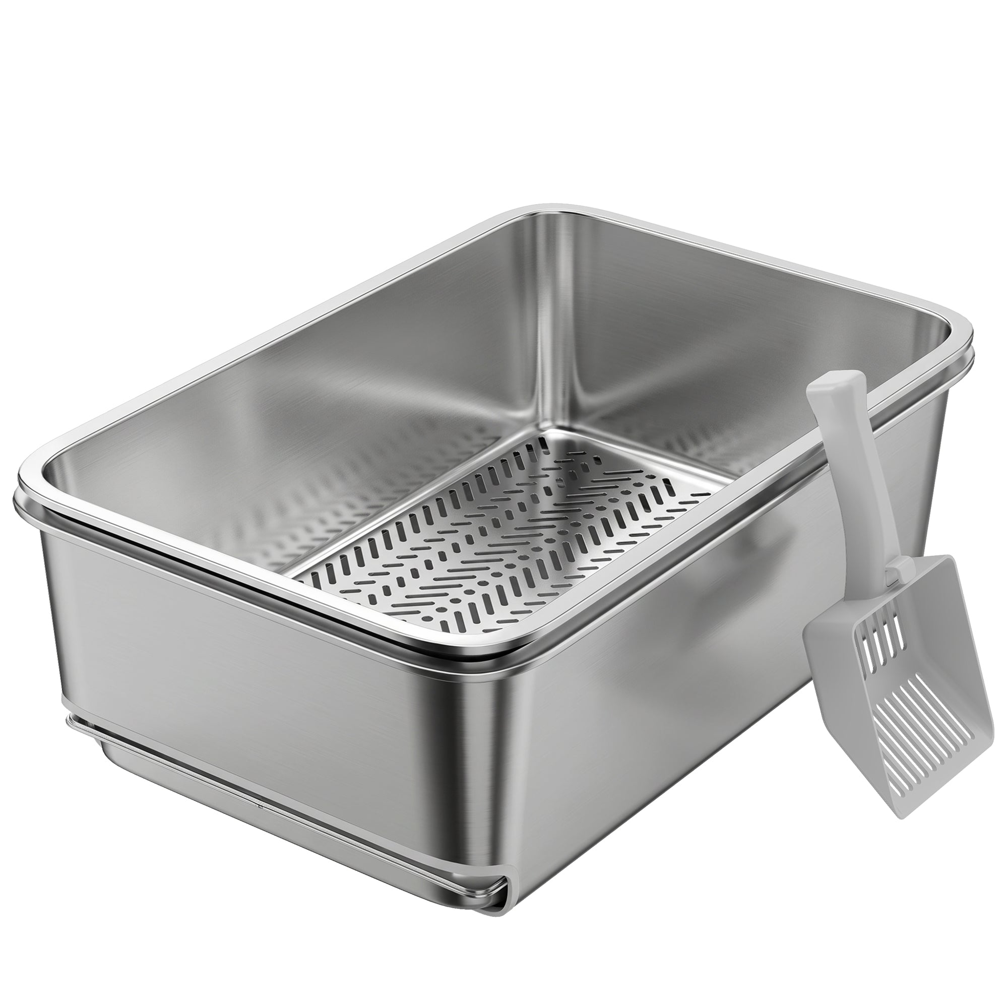 Stainless Steel Litter Box, XL Sifting Cat Litter Box for Medium, Large Cat, Non-Sticky, Odour Free, Easy Clean, Silver