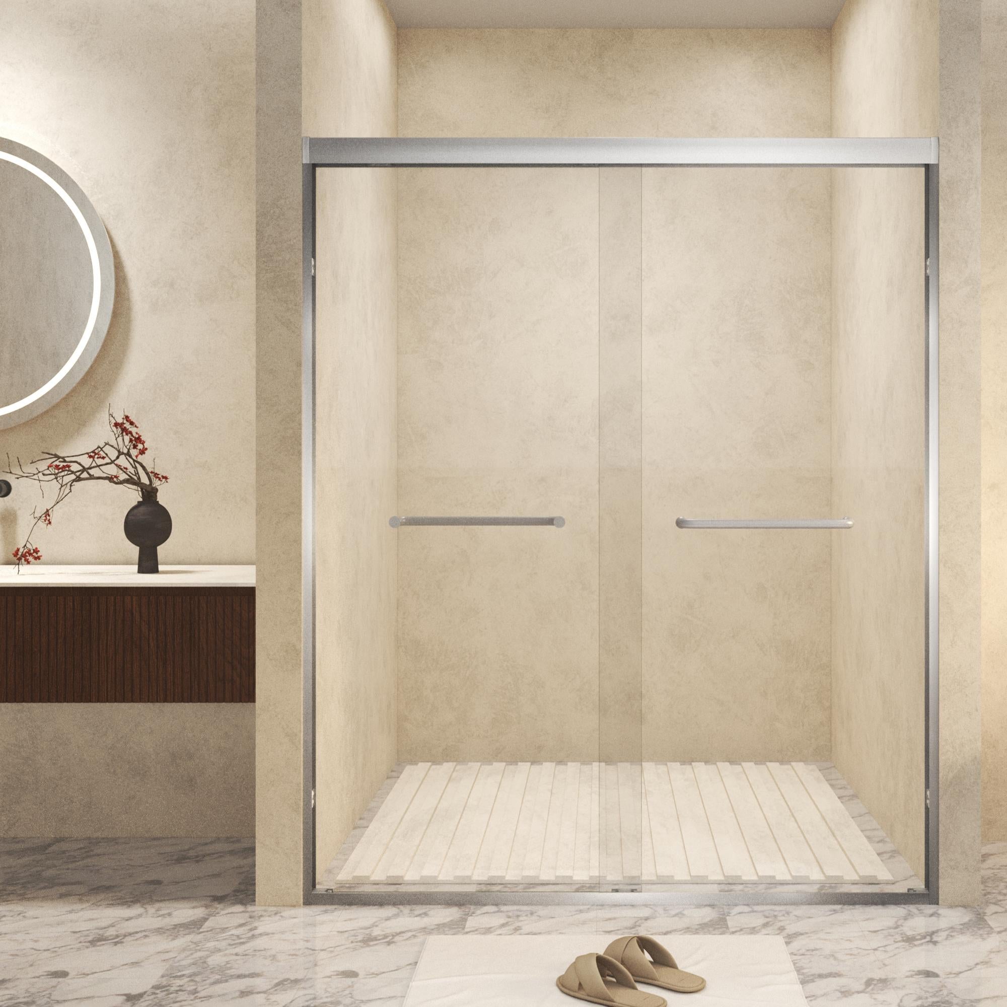Double Sliding Shower Door with Explosion-Proof Safety Film, Durable Aluminum Panel for Bathroom, 54" L x 0.5" W x 72" H, Brushed Nickel