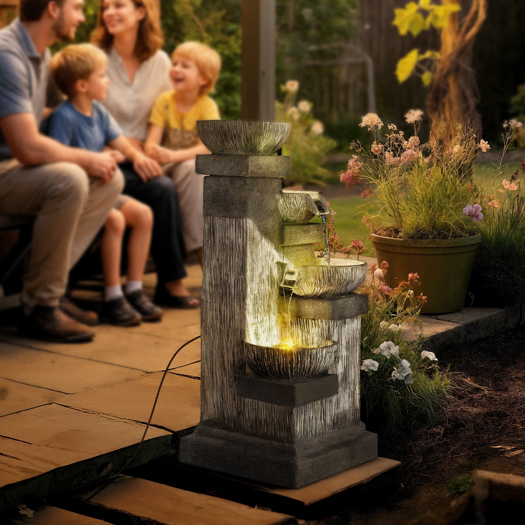 33.5" Water Fountain, 4-Tier Resin Cascading Bowls Outdoor Waterfall Fountain with LED Lights, Pump