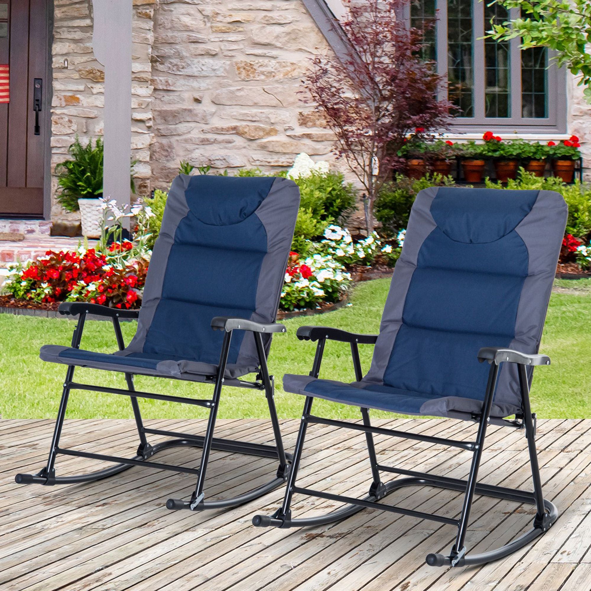 2 Piece Outdoor Patio Furniture Set with 2 Folding Padded Rocking Chairs, Bistro Style for Porch, Camping, Balcony, Navy Blue