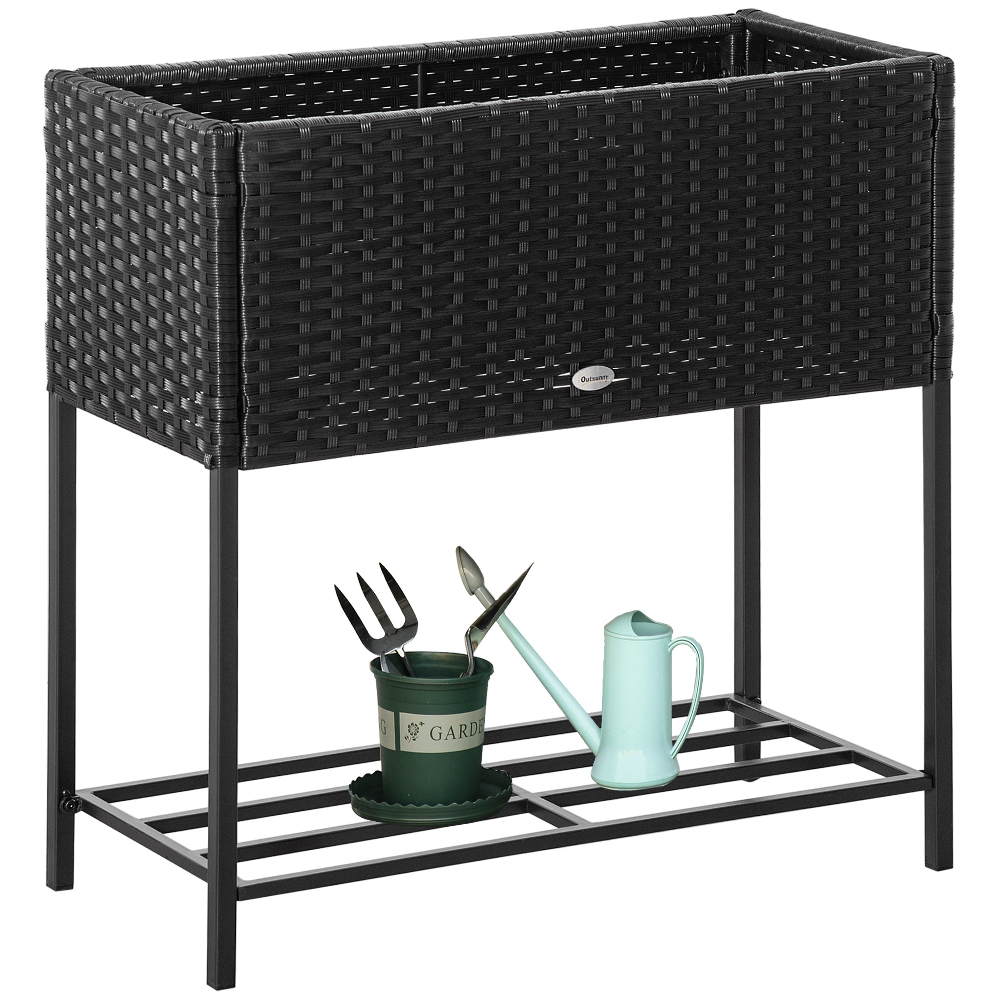 PE Rattan Wicker Raised Flower & Vegetable Planter, Rack Shelf Box