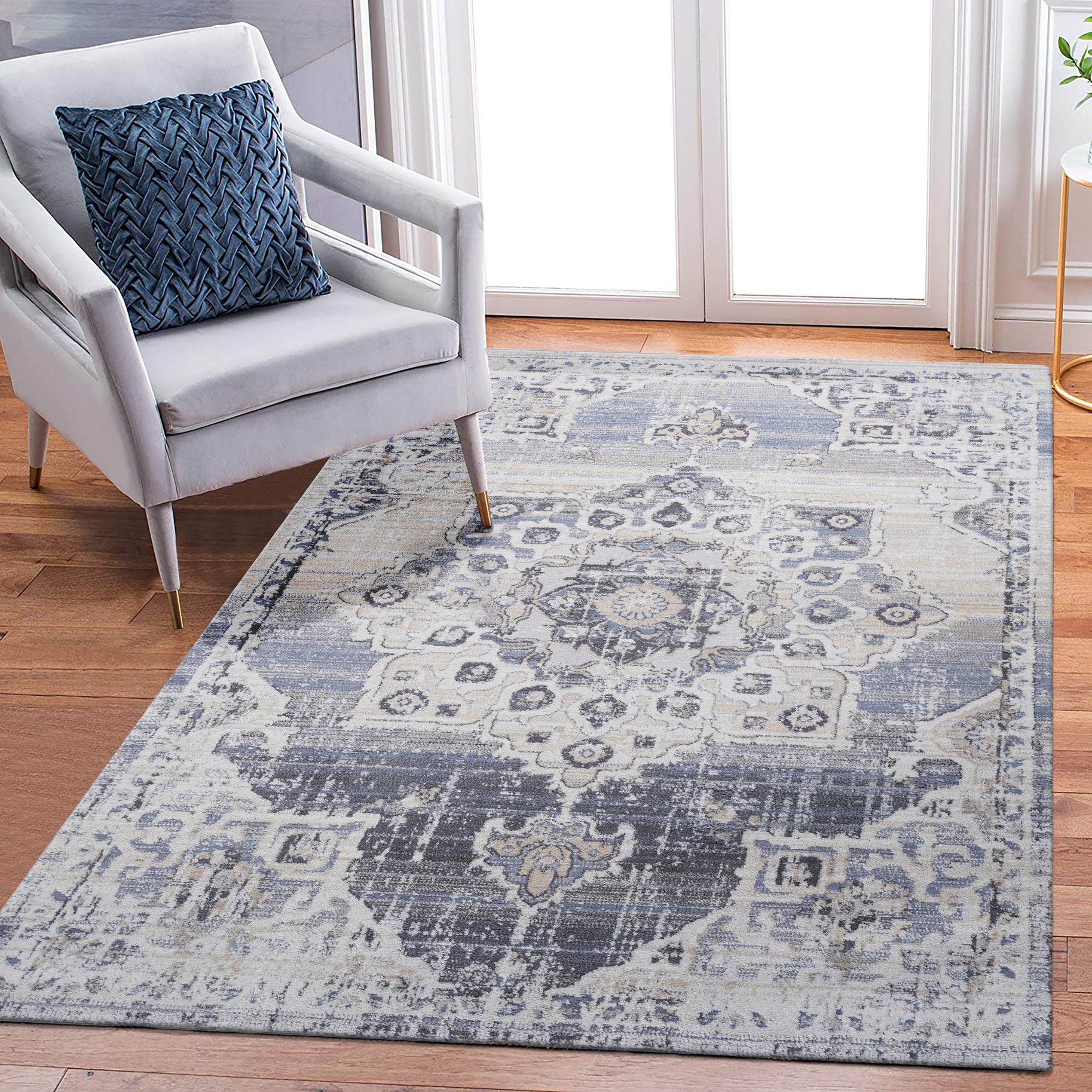 5x7 Stain-Resistant Area Rug with Cotton Backing, Medium Pile Height, Kid and Pet-Friendly Carpet, 0.3" Pile Height, 90" L x 63" W x 0.3" H, Cream+Blue