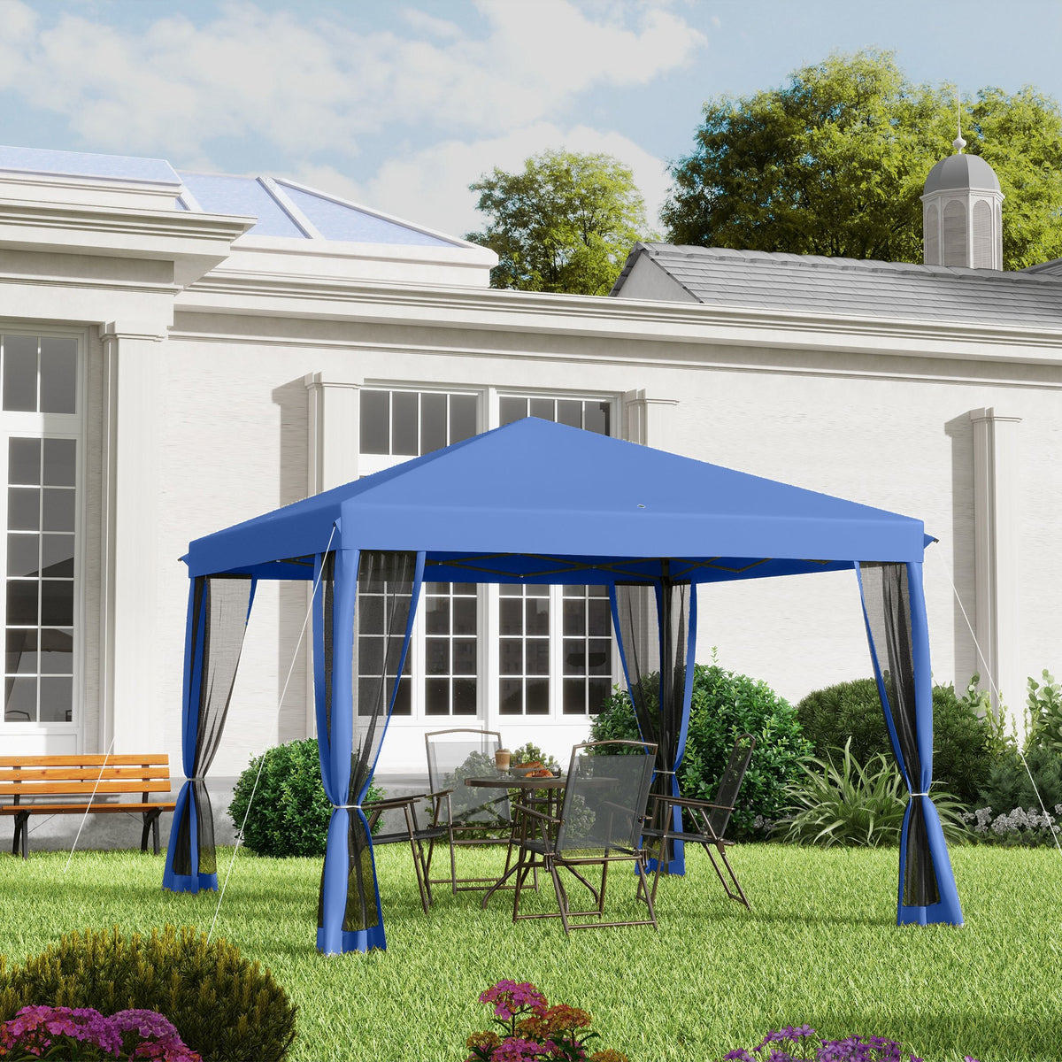 10' x 10' Pop Up Canopy Tent with Netting, Instant Gazebo, Screen House Room with Carry Bag, Height Adjustable, for Outdoor, Garden, Patio, Camping, Blue