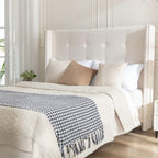Peyton Upholstered Queen Bed Frame with 54" High Headboard, Hand Buttoned Tufting, Nailhead Trim Wingback, No Box Spring Needed, Easy Assembly, Ivory Velvet, Ivory