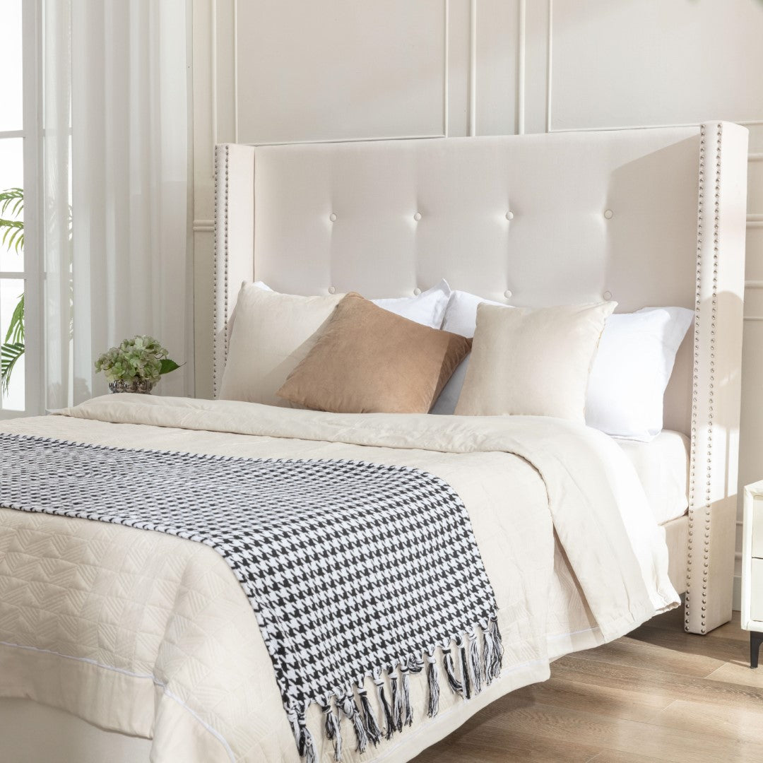 Peyton Upholstered Queen Bed Frame with 54" High Headboard, Hand Buttoned Tufting, Nailhead Trim Wingback, No Box Spring Needed, Easy Assembly, Ivory Velvet, Ivory