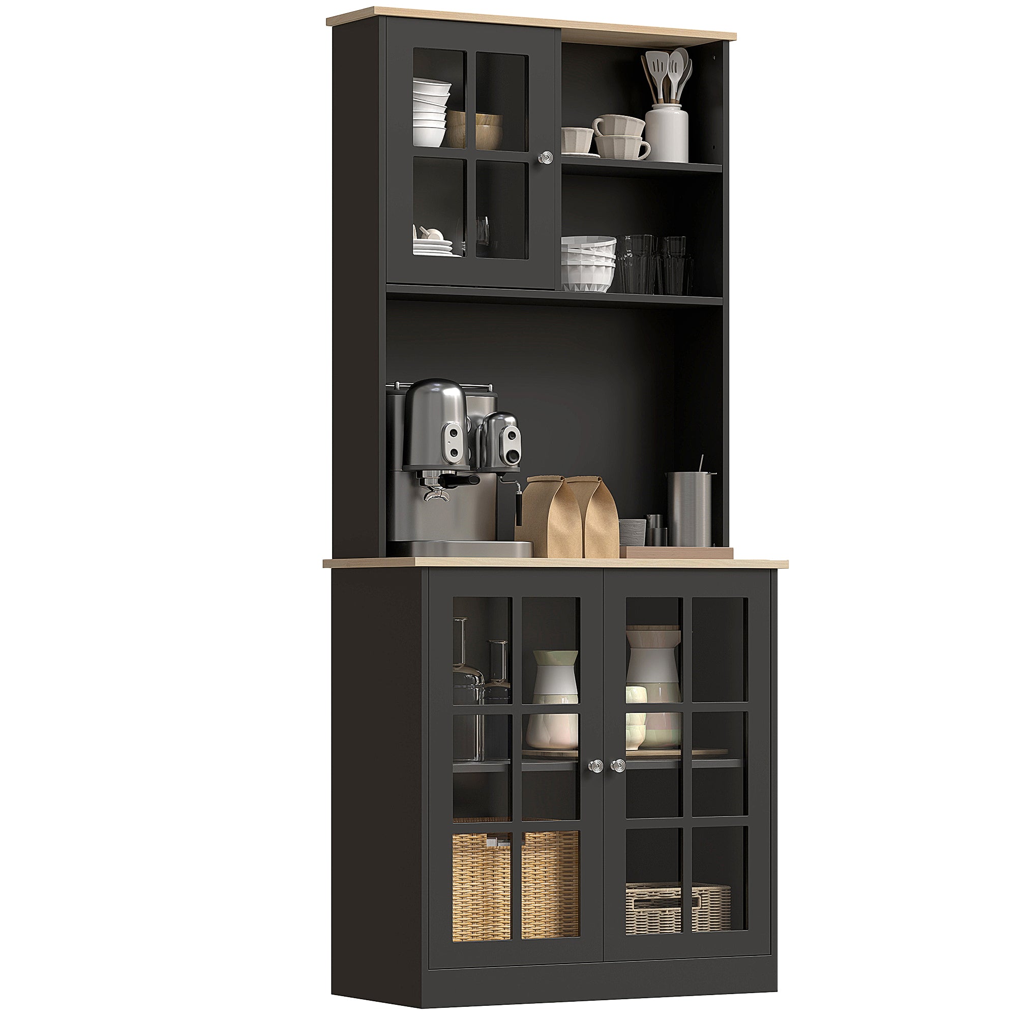 72" Kitchen Pantry Storage Cabinet with Hutch, Large Countertop, Glass Doors and Adjustable Shelves, Black