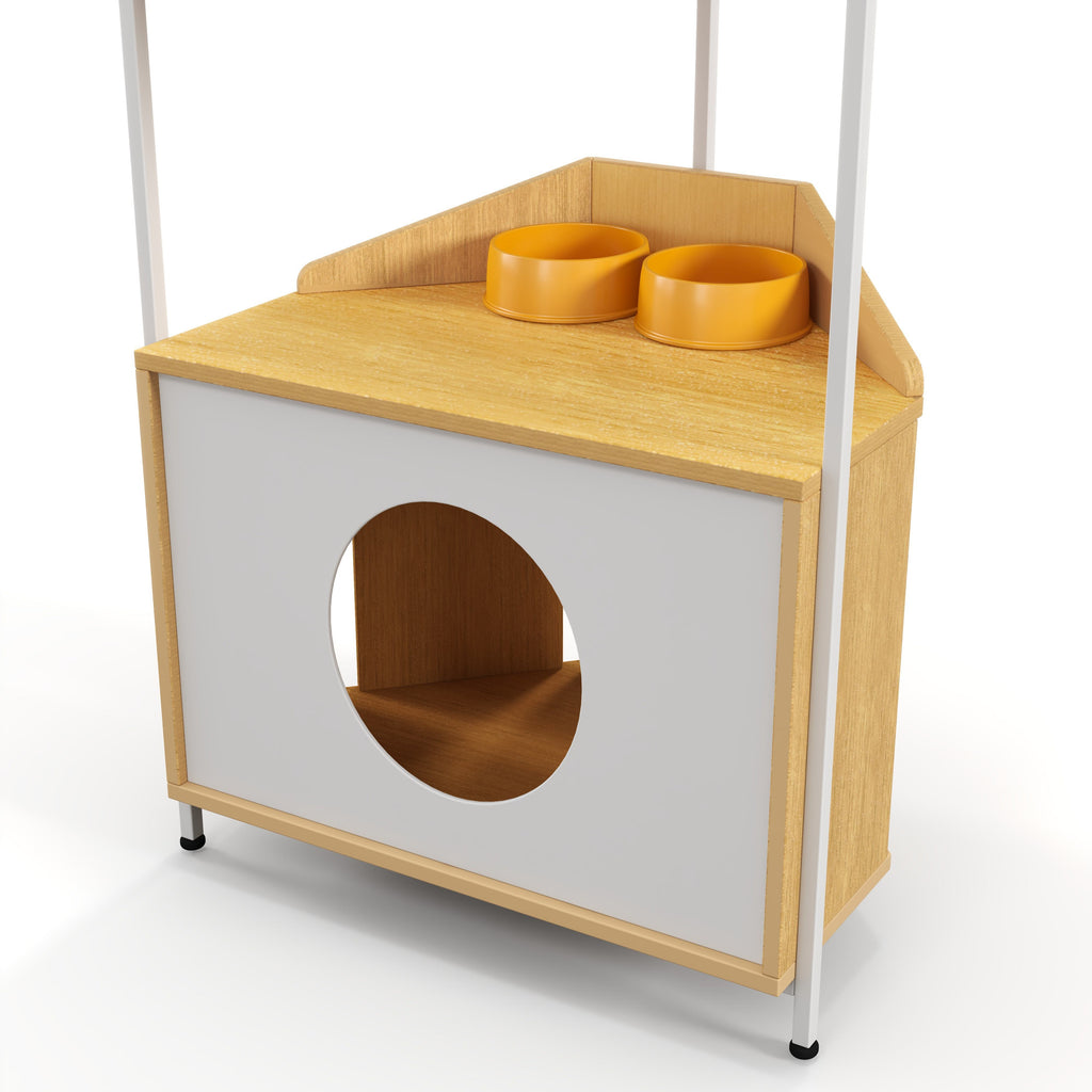 Corner Multi-Level Cat Tower and Condo with Scratching Post, Feeding Station, 25" L x 16" W x 58.5" H, White+Light Oak