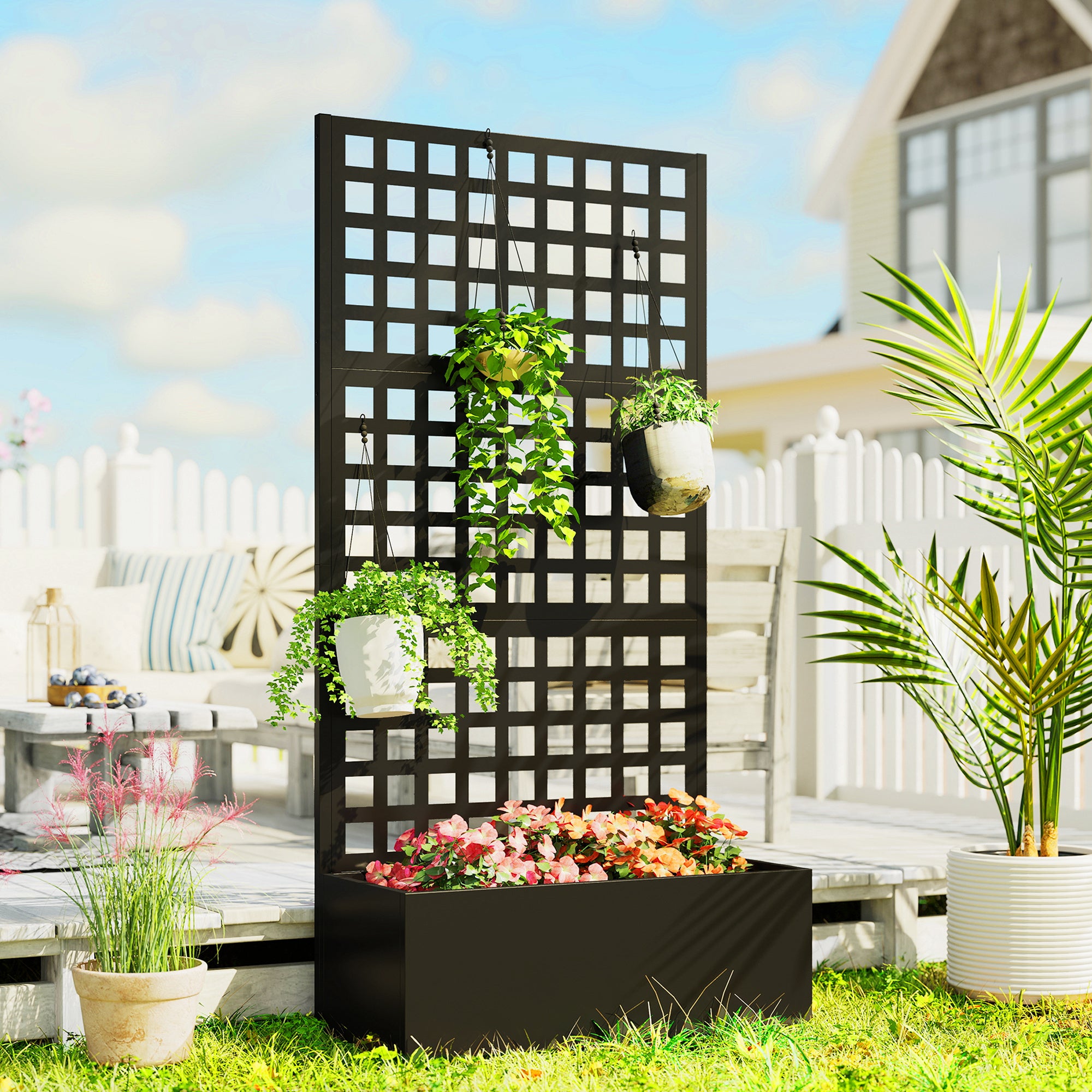 Galvanized Raised Garden Bed Planter Box with Trellis for Climbing Plants, Vegetable, Vines, 35" x 16" x 70", Black