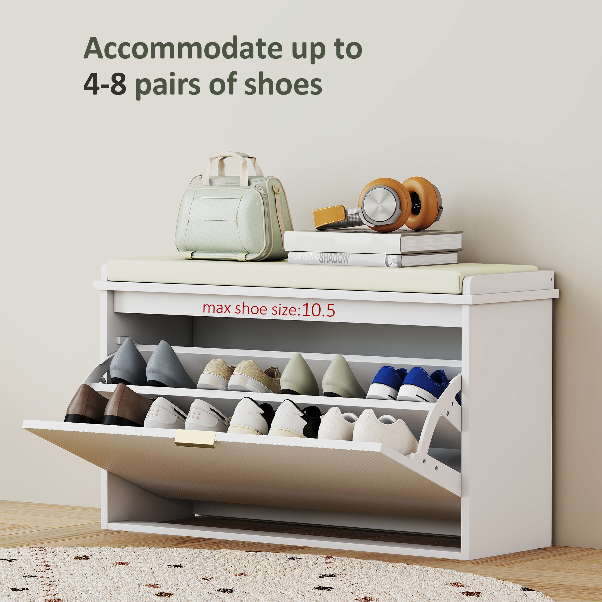 Shoe Storage Bench with Padded Seat Cushion and Flip-Drawer, Entryway Bench, Shoe Cabinet, 31.5x10.2x18.7 Inches, White