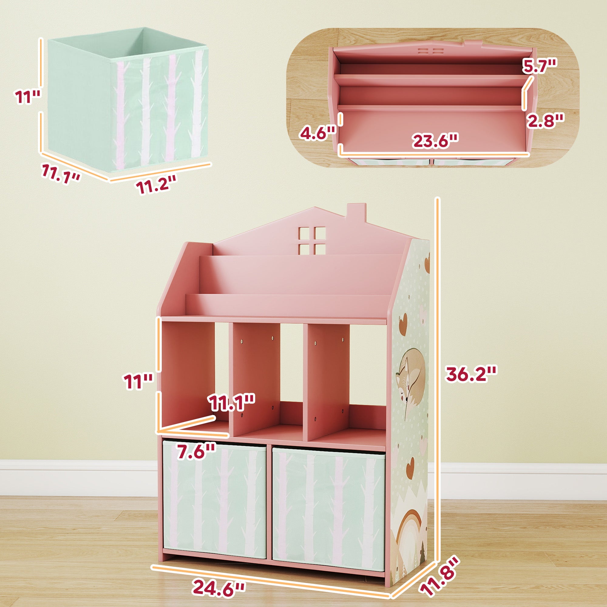 Kids Bookshelf with Storage, Toy Storage Unit with Book Display, Shelves and Fabric Drawers for Playroom Nursery, Pink