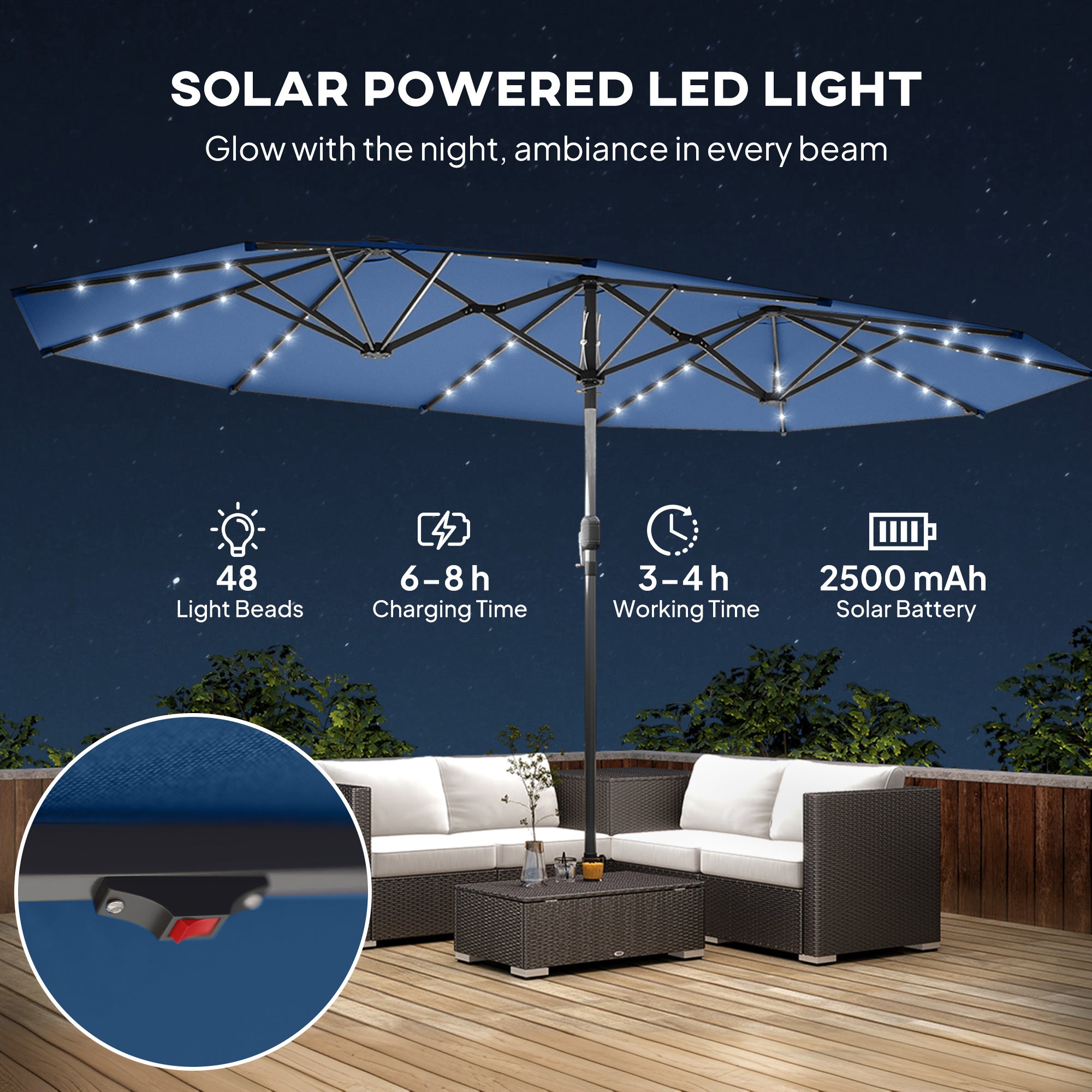 Garden Parasol, Double-Sided Sun Umbrella with LED Solar Lights, Patio Parasol for Outdoor, Blue