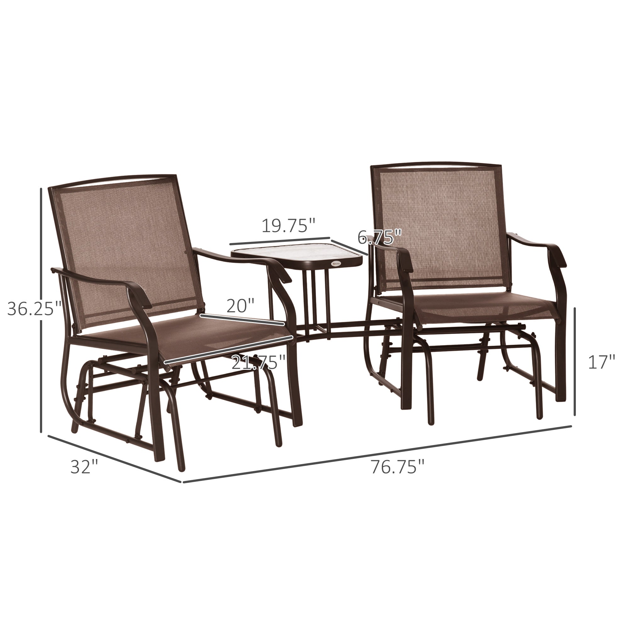 Outdoor Glider Chairs with Coffee Table, Patio 2-Seat Rocking Chair Swing Loveseat with Breathable Sling for Backyard, Garden, and Porch, Coffee Brown