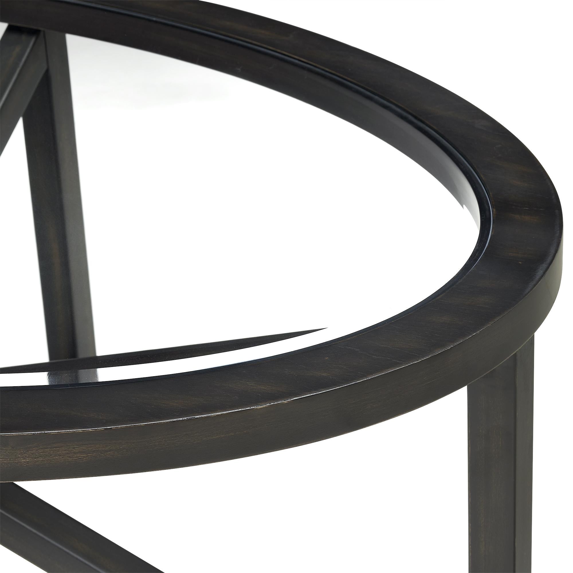 Modern Glass Coffee Table with Solid Wood Tripod Base, Anti-Scratch Curved Edges, Oval Desk for Living Room, 46.5" L x 28.5" W x 18" H, Black