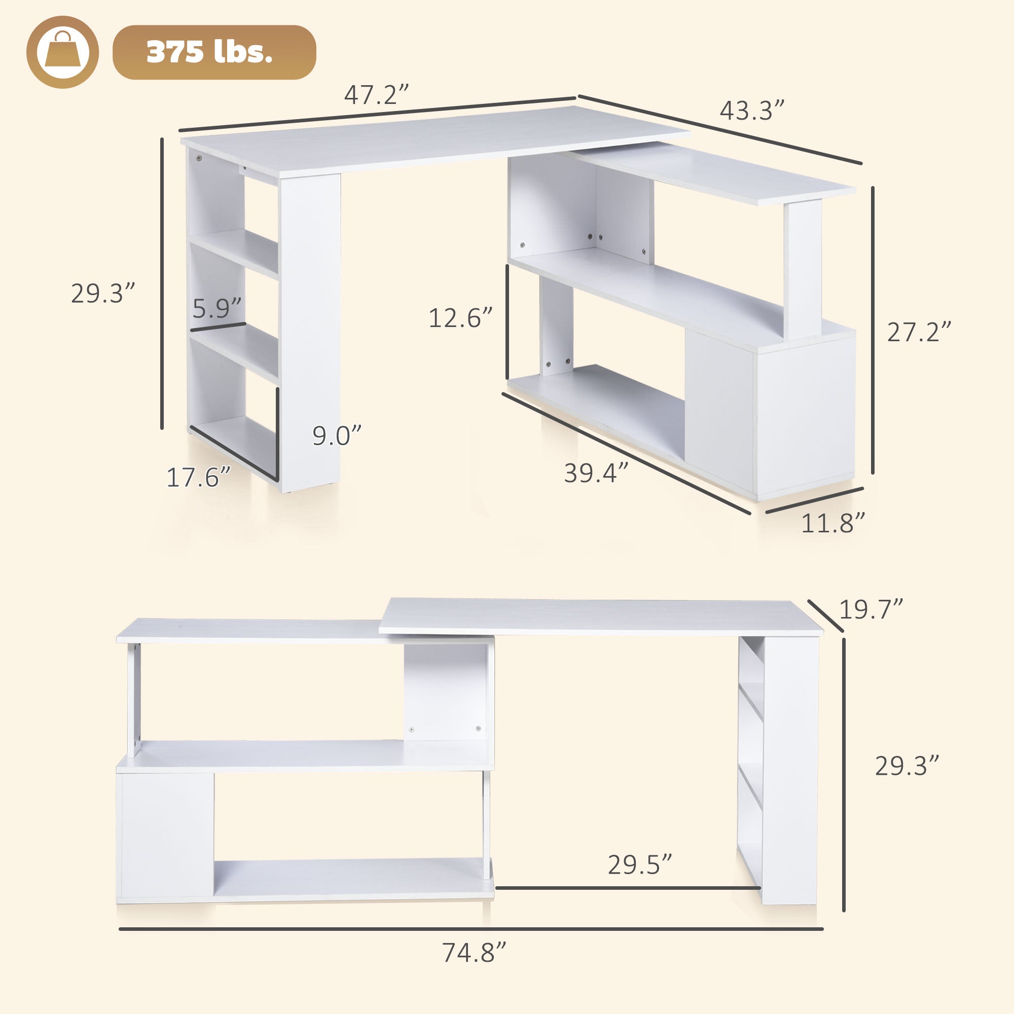 L Shaped Desk, Corner Computer Desk, 360 Degree Rotating Home Office Desk with Storage Shelves, Writing Table Workstation, White
