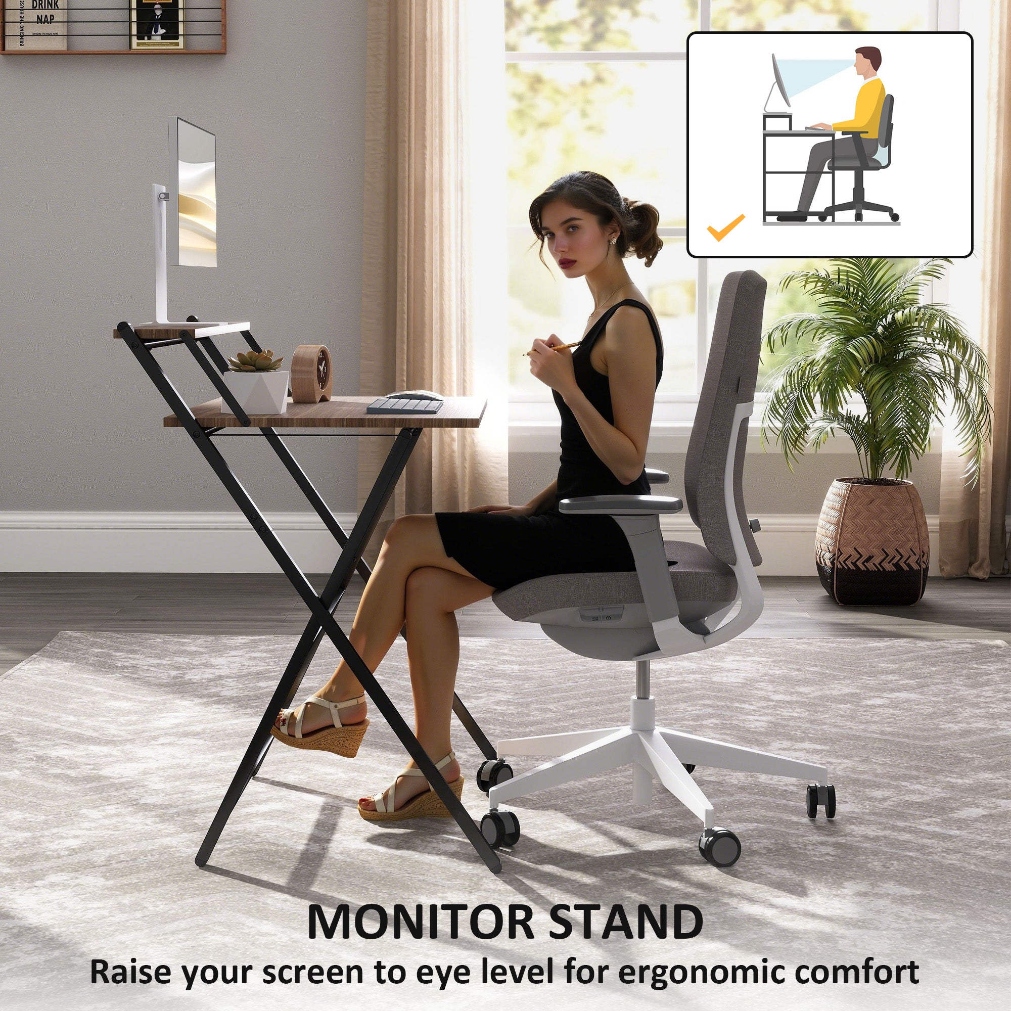 Folding Computer Desk, 27.6" Foldable Desk with Monitor Shelf for Small Space, Home Office, Study, Easy Assembly, Walnut