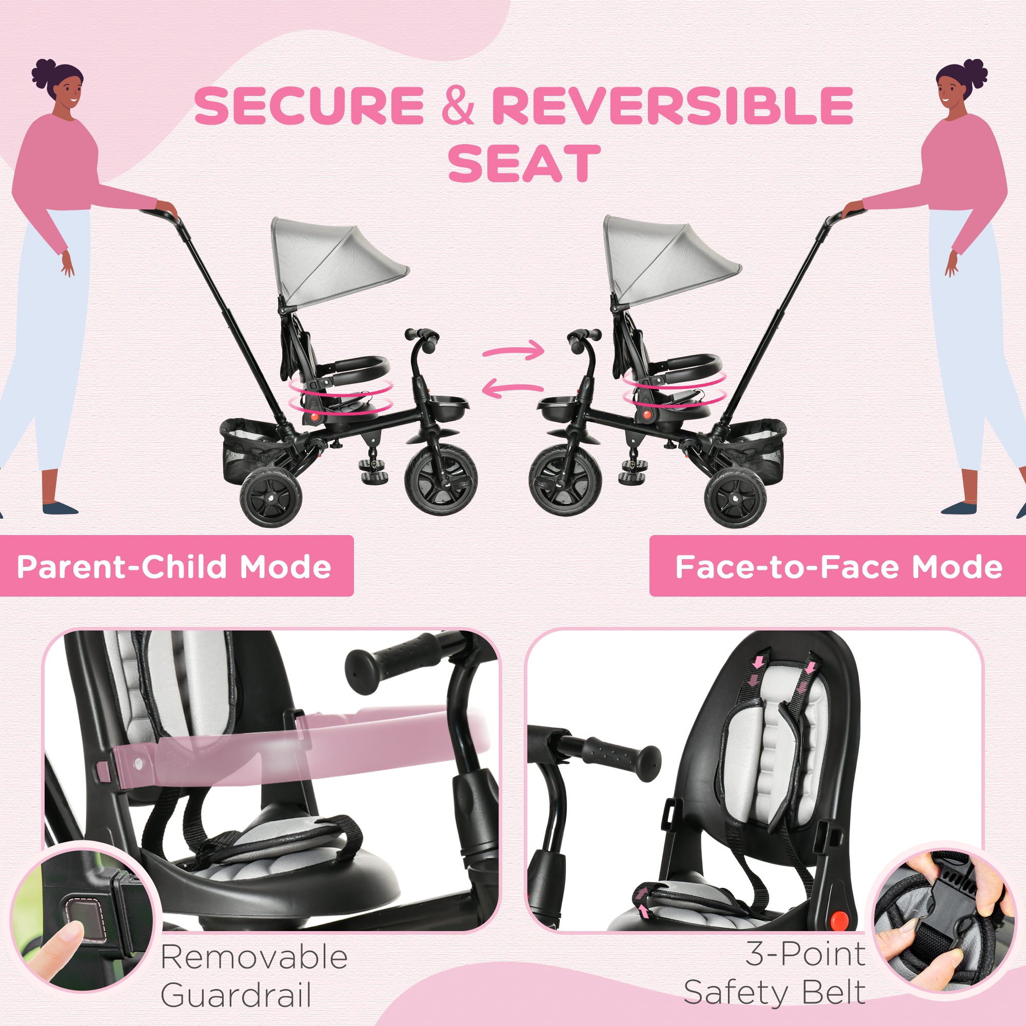 Kids Tricycle, 5 in 1 Foldable Trike with Reversible Seat, Adjustable Parent Handle, Safety Harness, Wheel Brakes, Removable Canopy, Storage, Tricycle for Toddlers 1-5 Years, Gray
