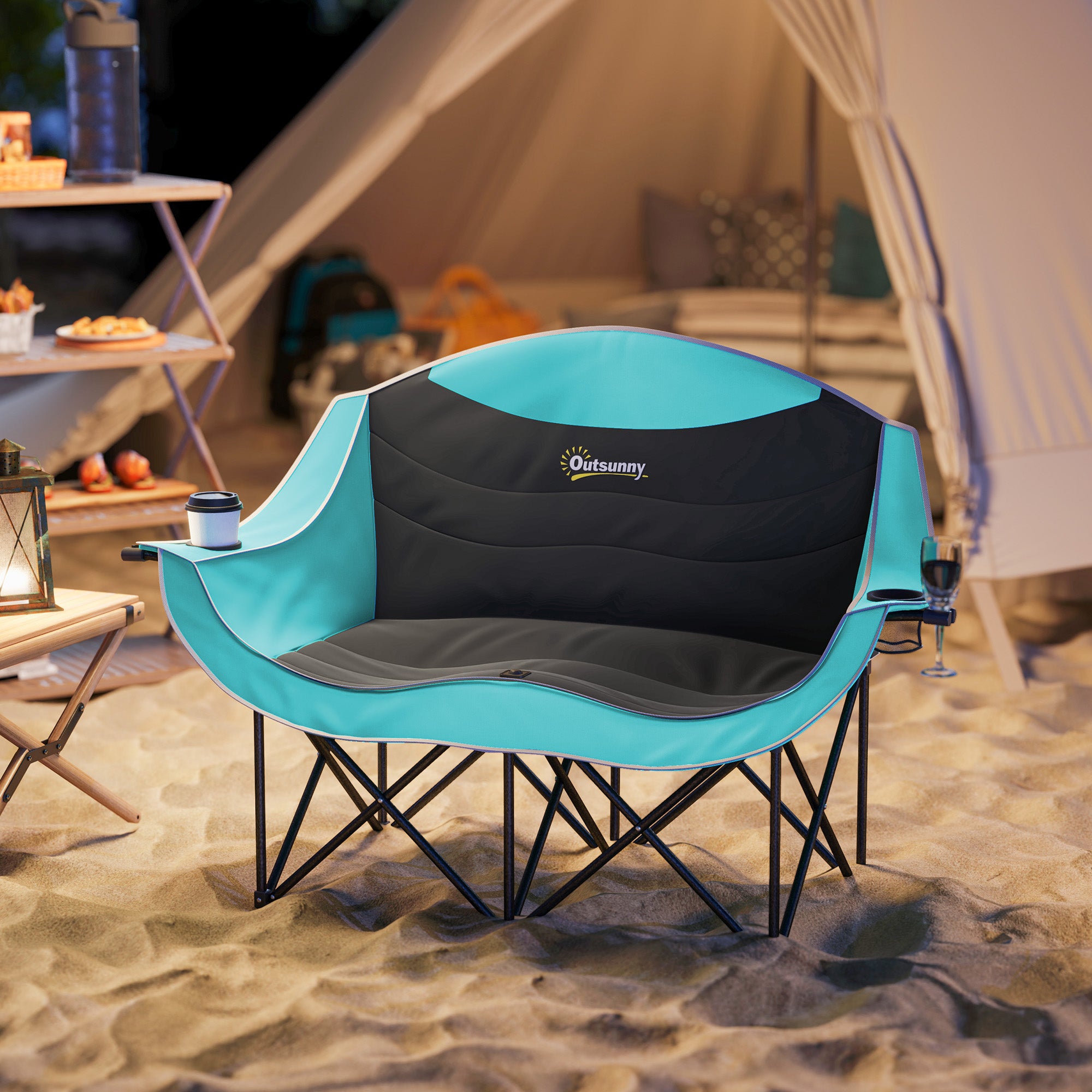 Padded Folding Camp Chair for Adults, Double Camping Chair with Armrests, Cup Holders, Carry Bag for Outdoor, Green