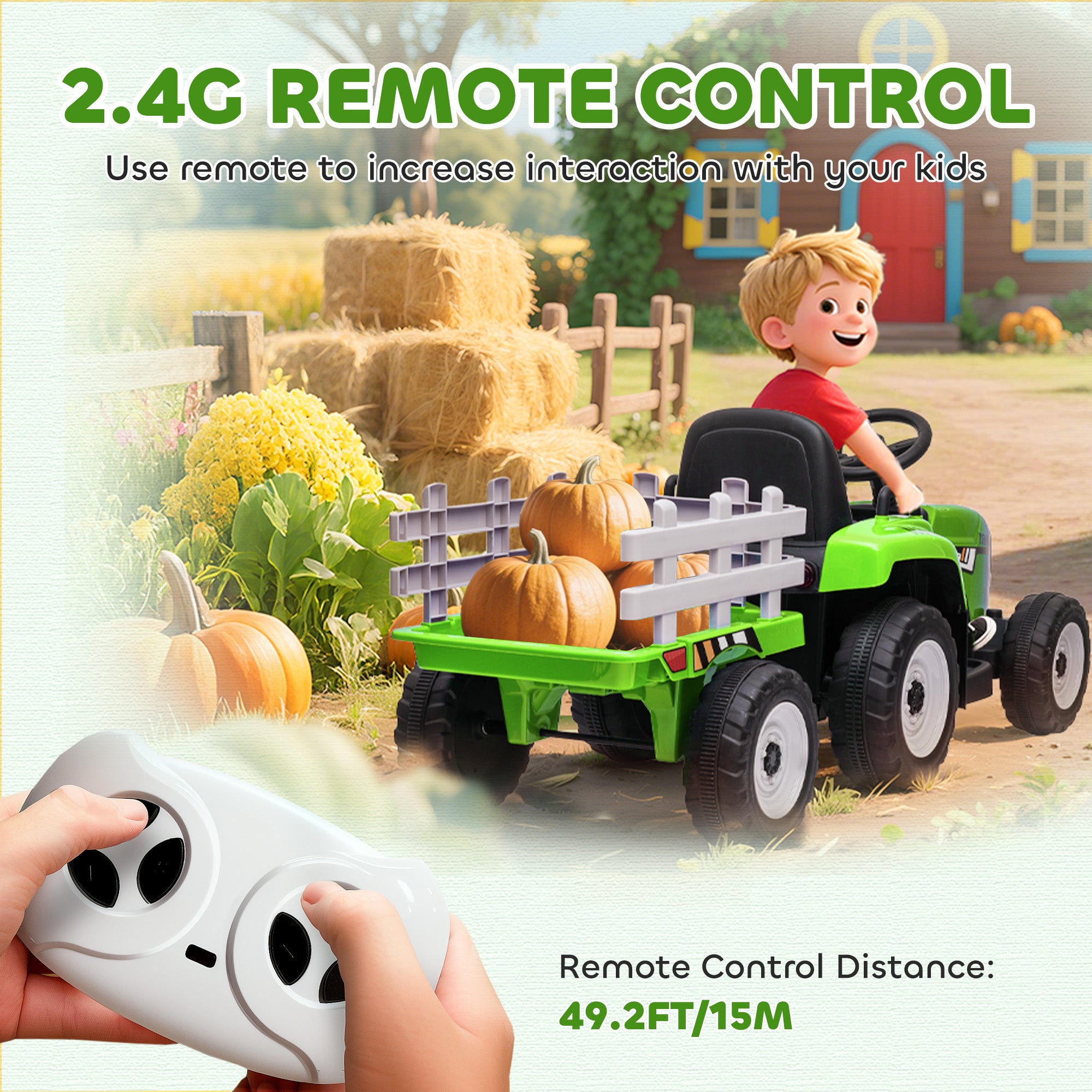 12V Ride on Tractor with Trailer, 25W Dual Motors, Battery Powered Electric Tractor with Remote Control, Music Startup Sound and Horn, LED Lights, Green