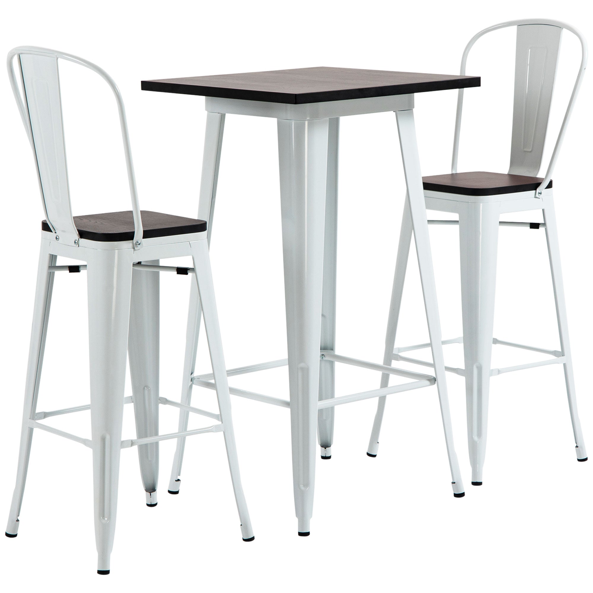 3 Piece Industrial Dining Table Set, Bar Height Bar Table and Chairs Set with Footrests for Bistro, White and Brown