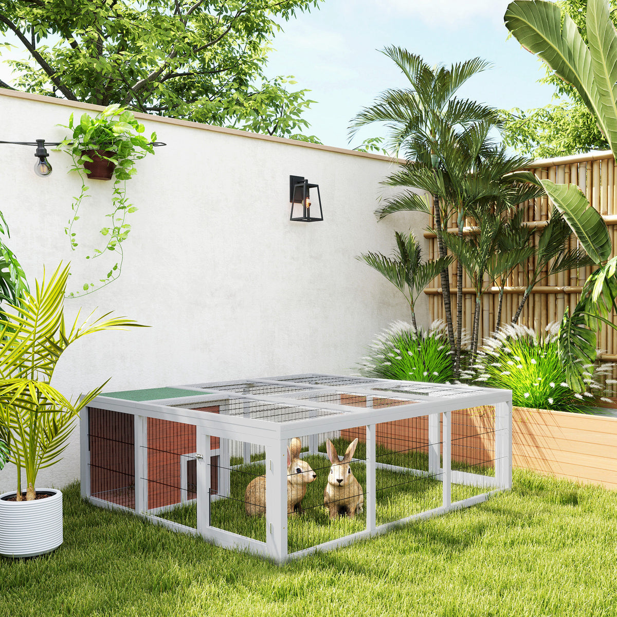 59" Wooden Outdoor Rabbit Hutch Playpen Tortoise House Habitat with Run and Enclosed Cover