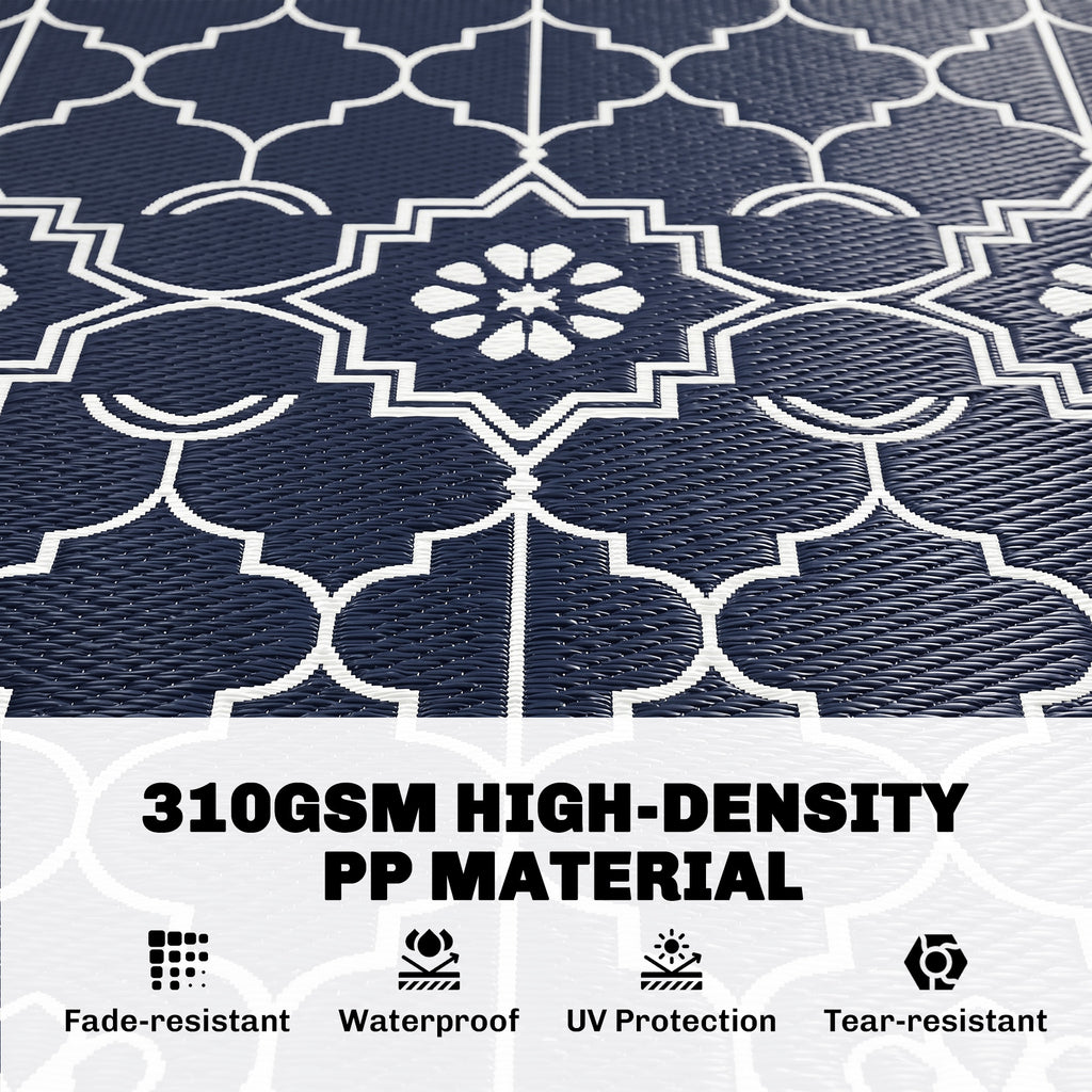 Reversible Outdoor Rug Carpet with LED Lights, 12' x 9' PP Straw Rug with Carry Bag and Ground Stakes