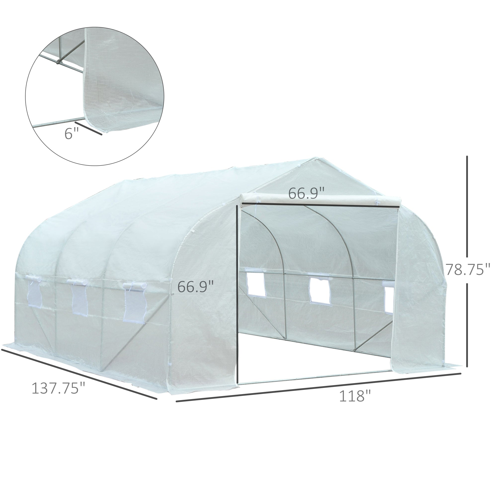 11.5' x 10' x 6.5' Outdoor Walk-in Greenhouse, Tunnel Green House with Roll-up Windows, Zippered Door, PE Cover, Heavy Duty Steel Frame, White