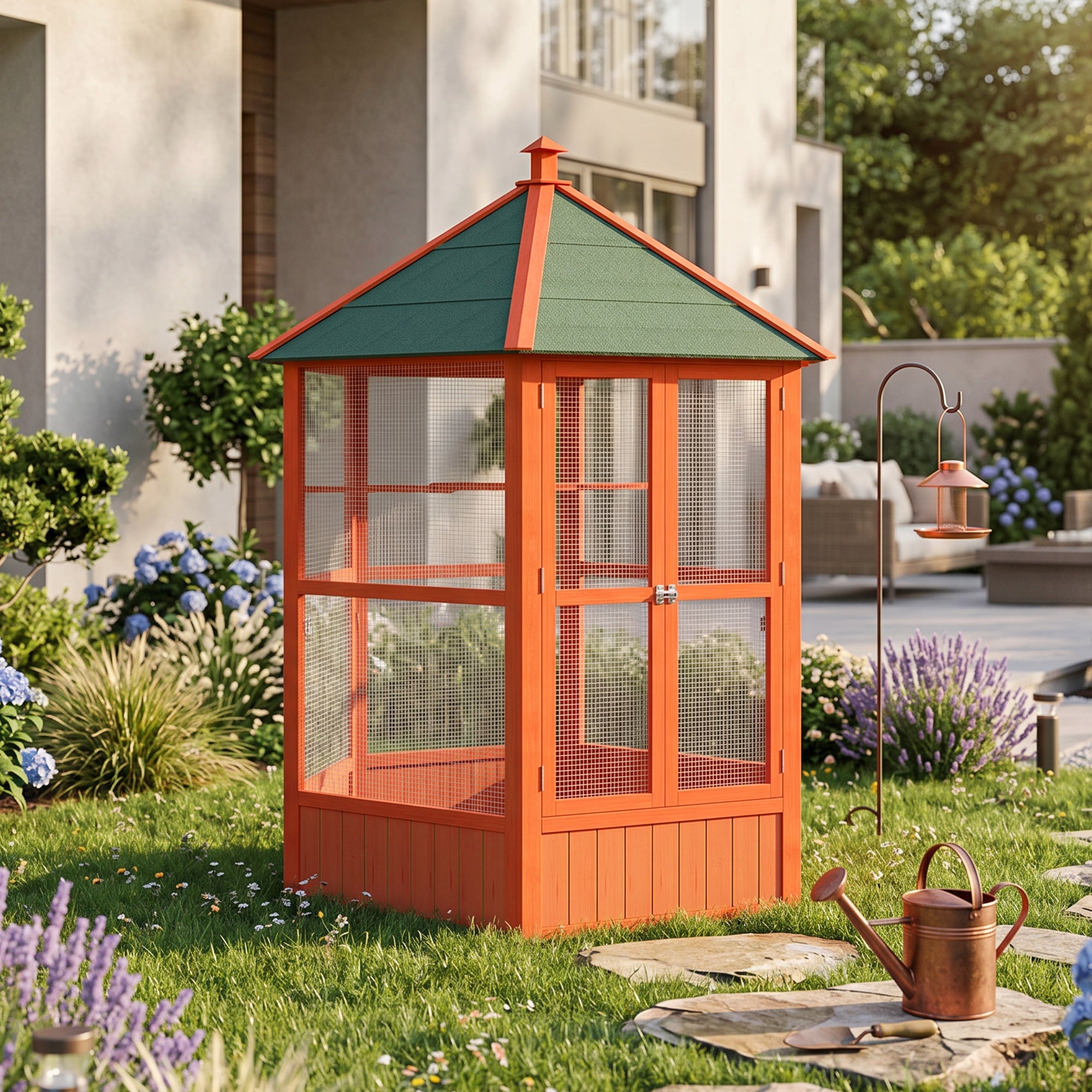 69" Wooden Hexagonal Outdoor Aviary Flight Bird Cage With Covered Roof, Brown