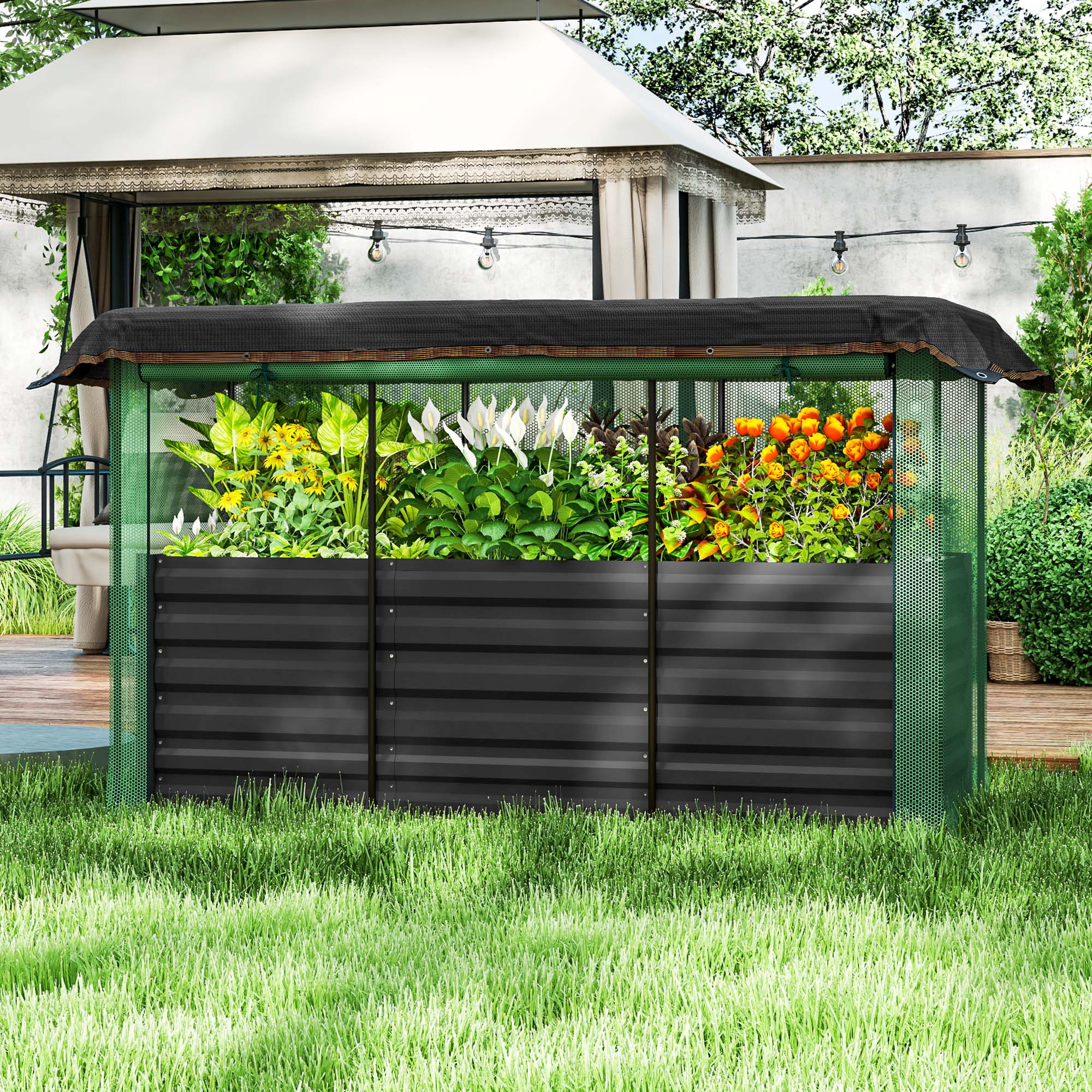 Galvanized Steel Planter Box with Crop Cage and Shade Cloth, Raised Garden Bed for Flowers, Veggies and Herbs, Dark Gray