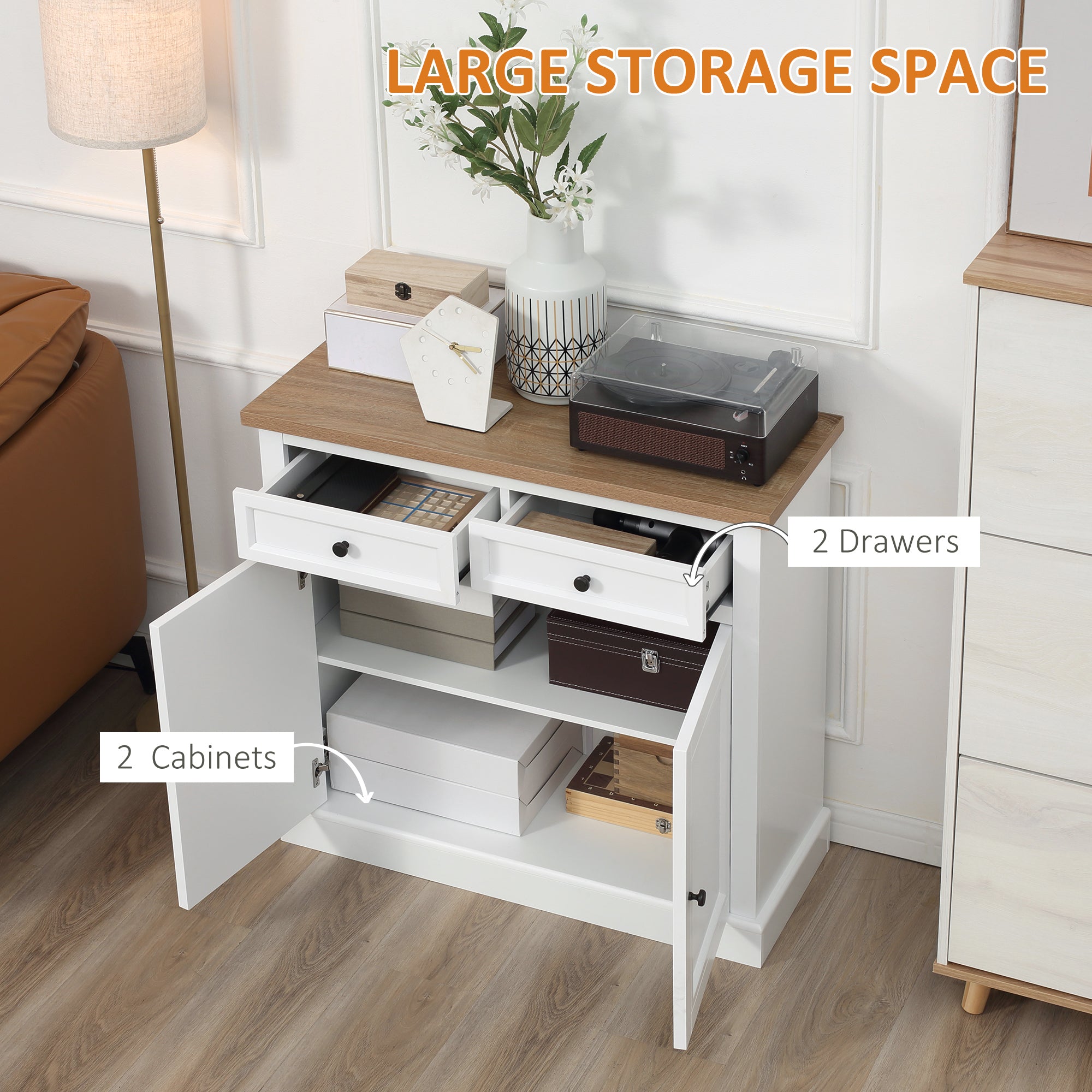 Sideboard Buffet Cabinet, Coffee Bar Cabinet with 2 Drawers and Double Door Cupboard for Kitchen, Living Room, Entryway, White