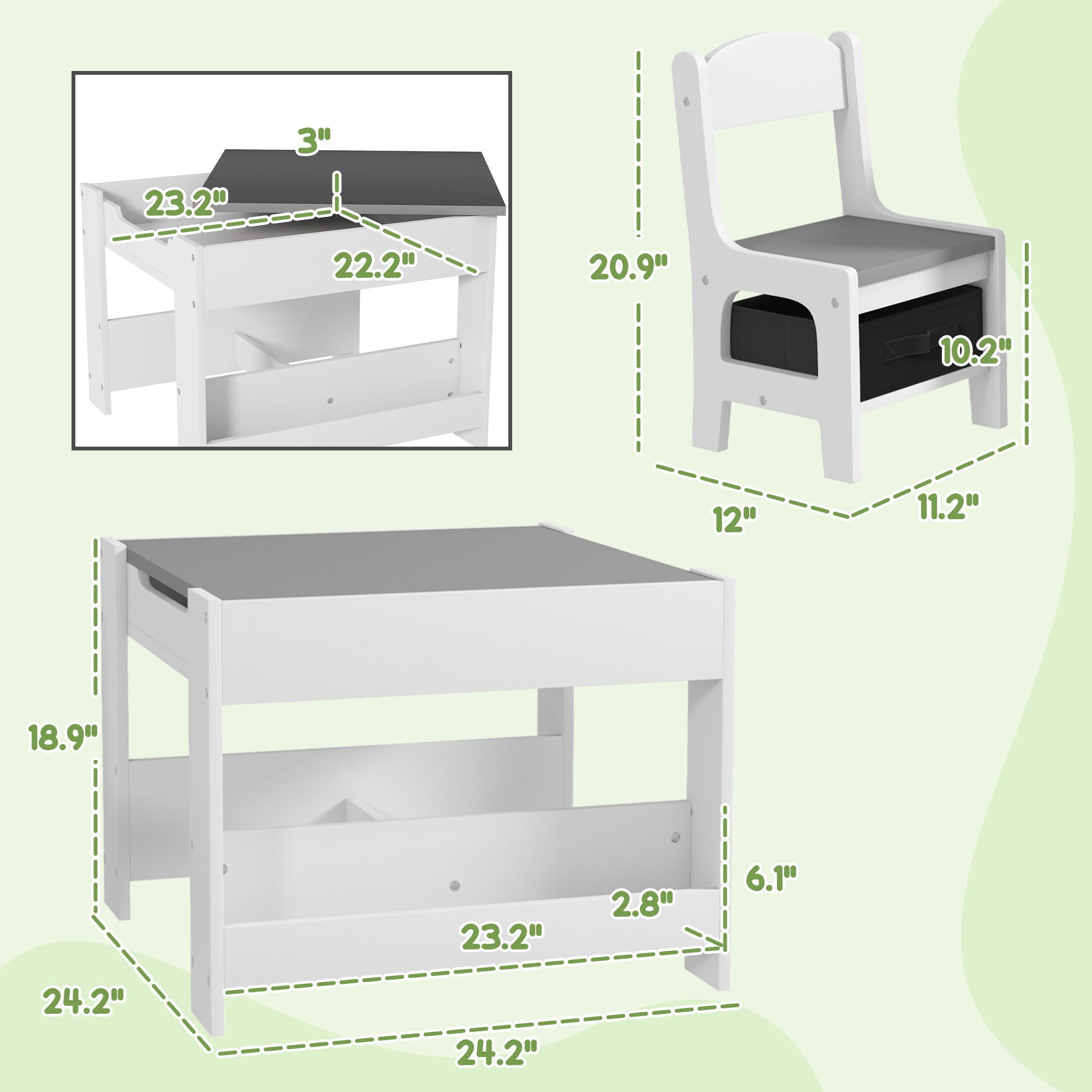 3pc Kids Table and Chair Set with Reversible Tabletop Blackboard, Storage & Bookshelves, Gray