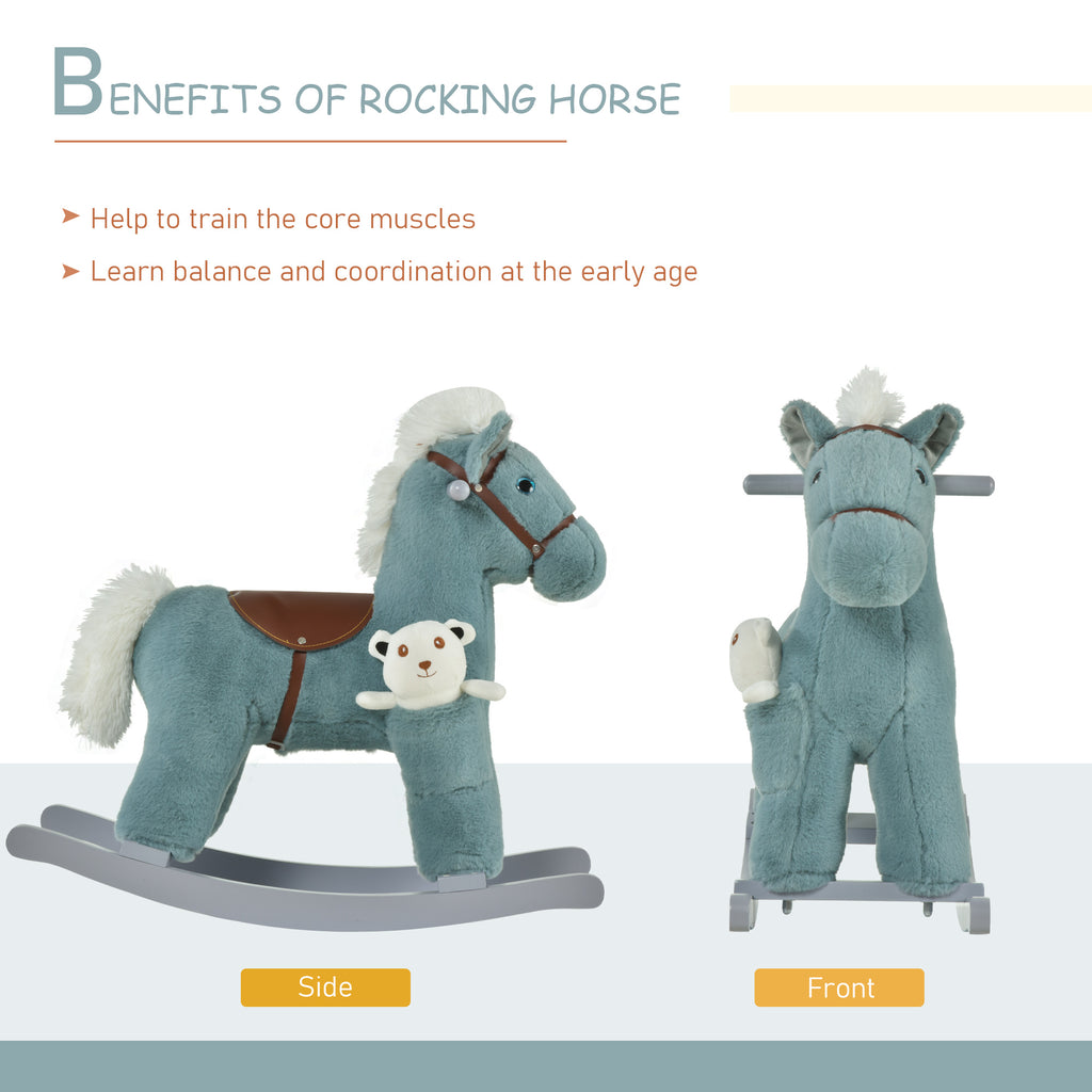 Kids Rocking Horse with Bear Toy, Plush Animal Rocker with Fun Realistic Sounds for Toddler 18-36 Months, Blue