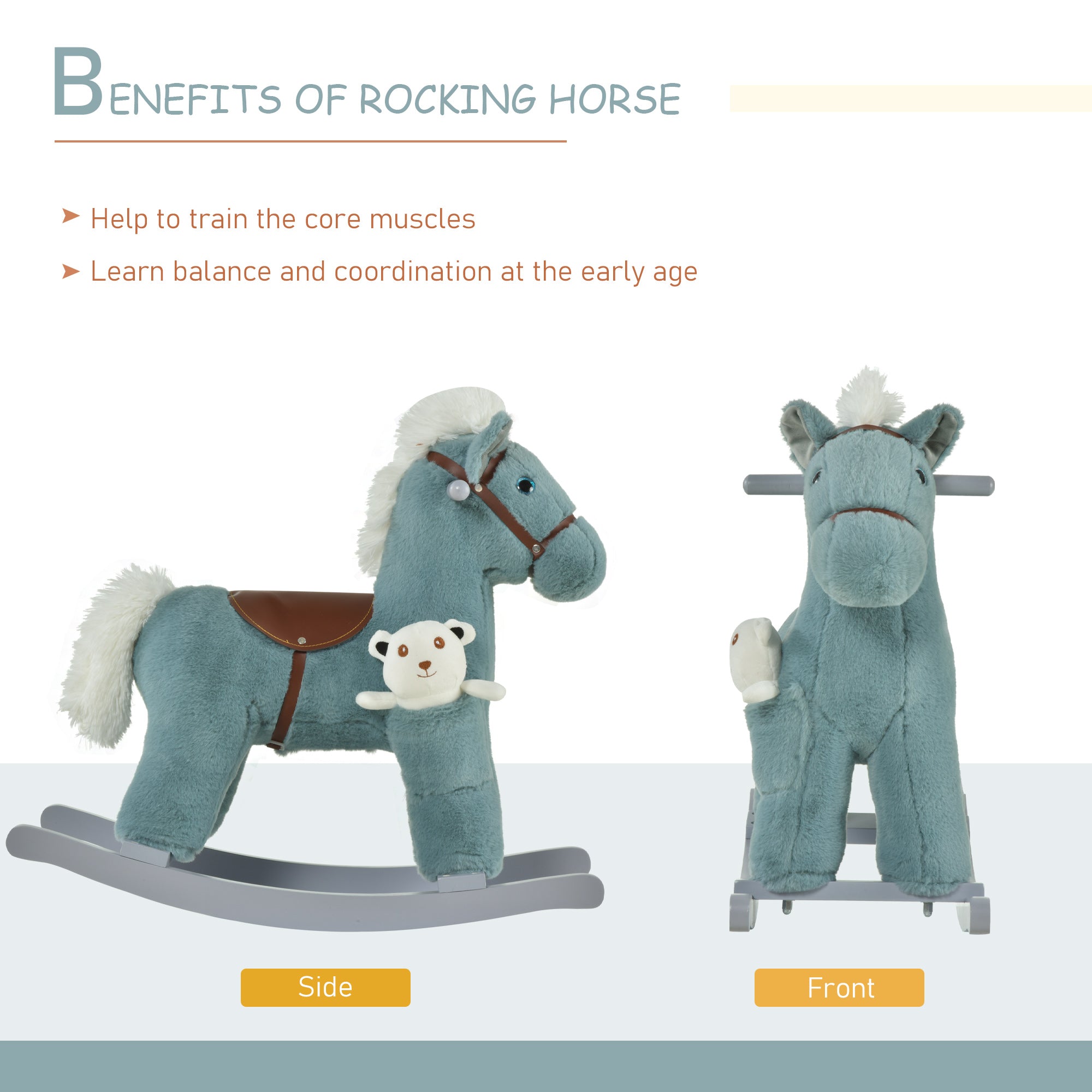 Kids Rocking Horse with Bear Toy, Plush Animal Rocker with Fun Realistic Sounds for Toddler 18-36 Months, Blue