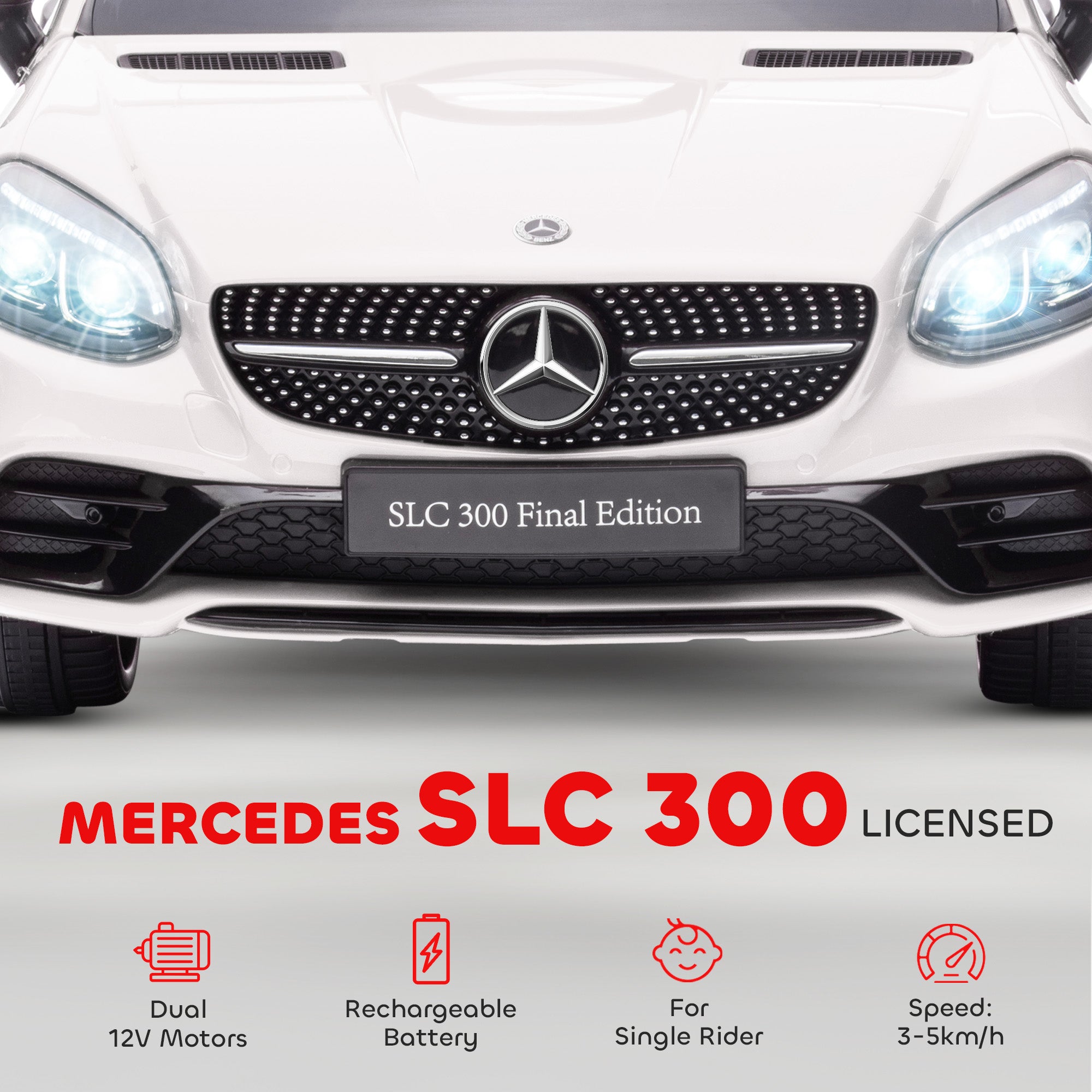 SLC 300 Licensed 12V Ride On Car for Kids with Remote Control, 2 Speeds, Battery Powered Kids Electric Car with Music, Lights, Suspension for 3-6 Years Old, White
