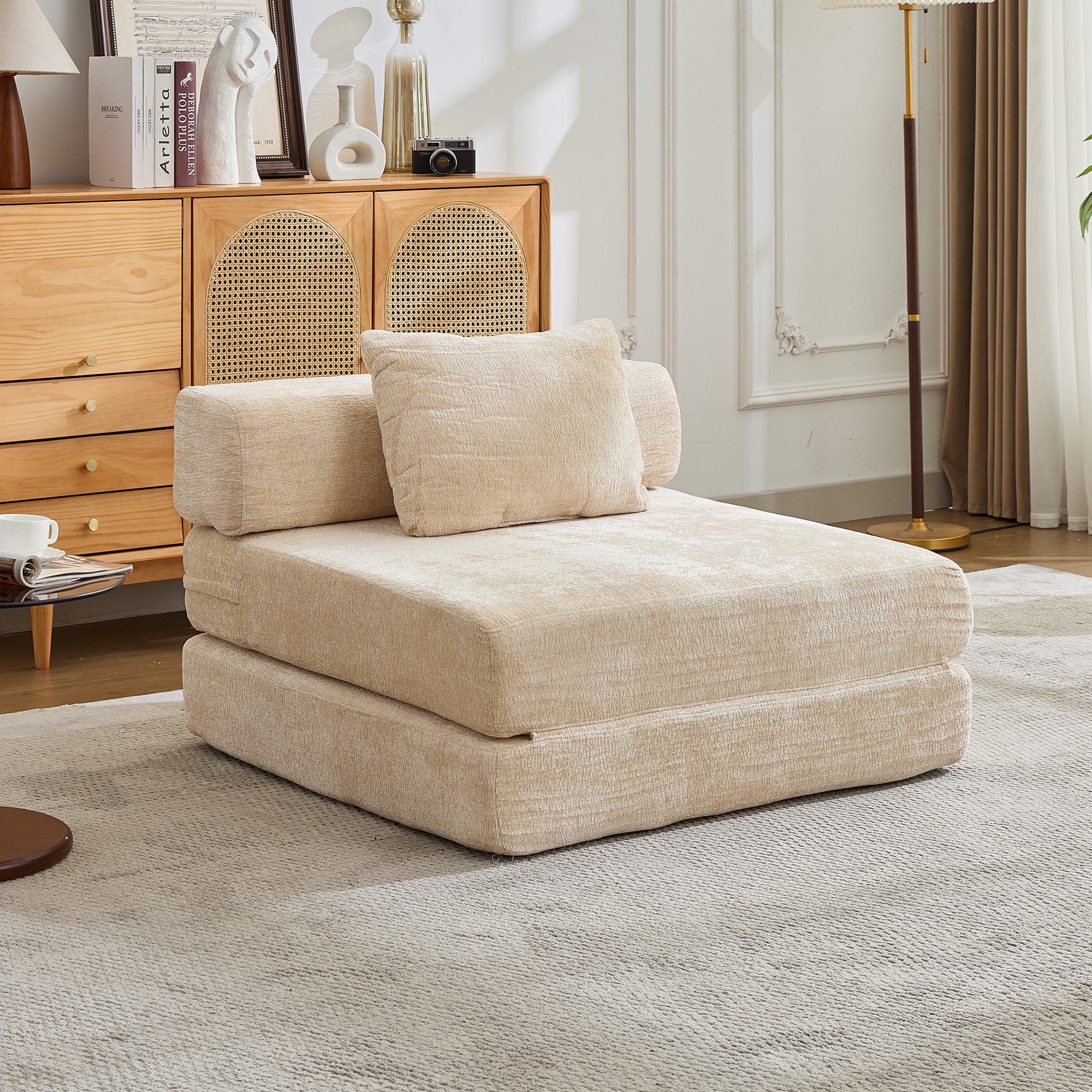 Compressed Sofa Single Seater Modular Sectional with Chenille Fabric, Modular Sofas for Small Spaces Convertible Floor Sofa Bed, 39.5" L x 39.5" W x 25" H, Beige